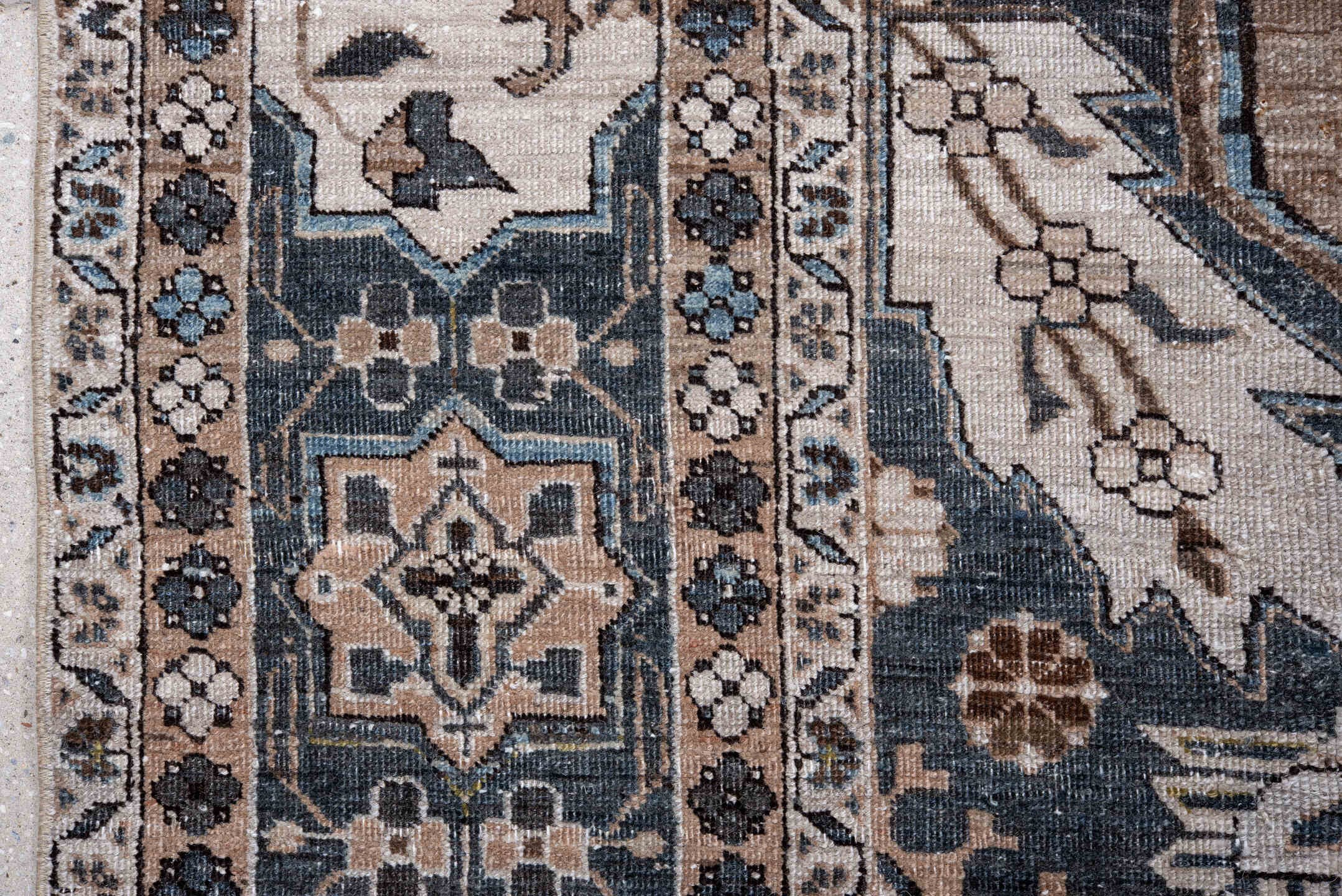 7' x 10' one-of-a-kind handmade antique Ardebil large size rug. Color palette: taupe, ivory, charcoal, slate, brown