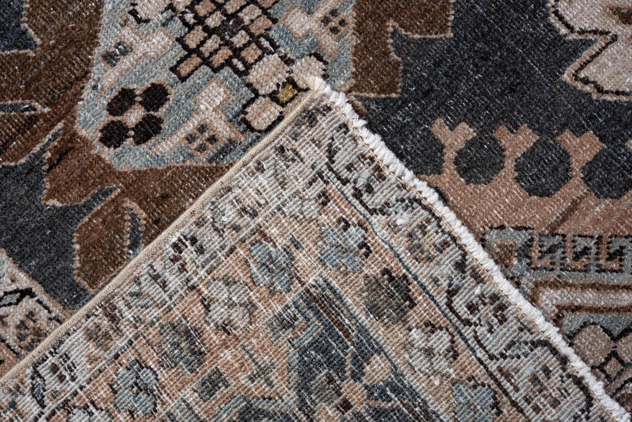 7' x 10' one-of-a-kind handmade antique Ardebil large size rug. Color palette: taupe, ivory, charcoal, slate, brown