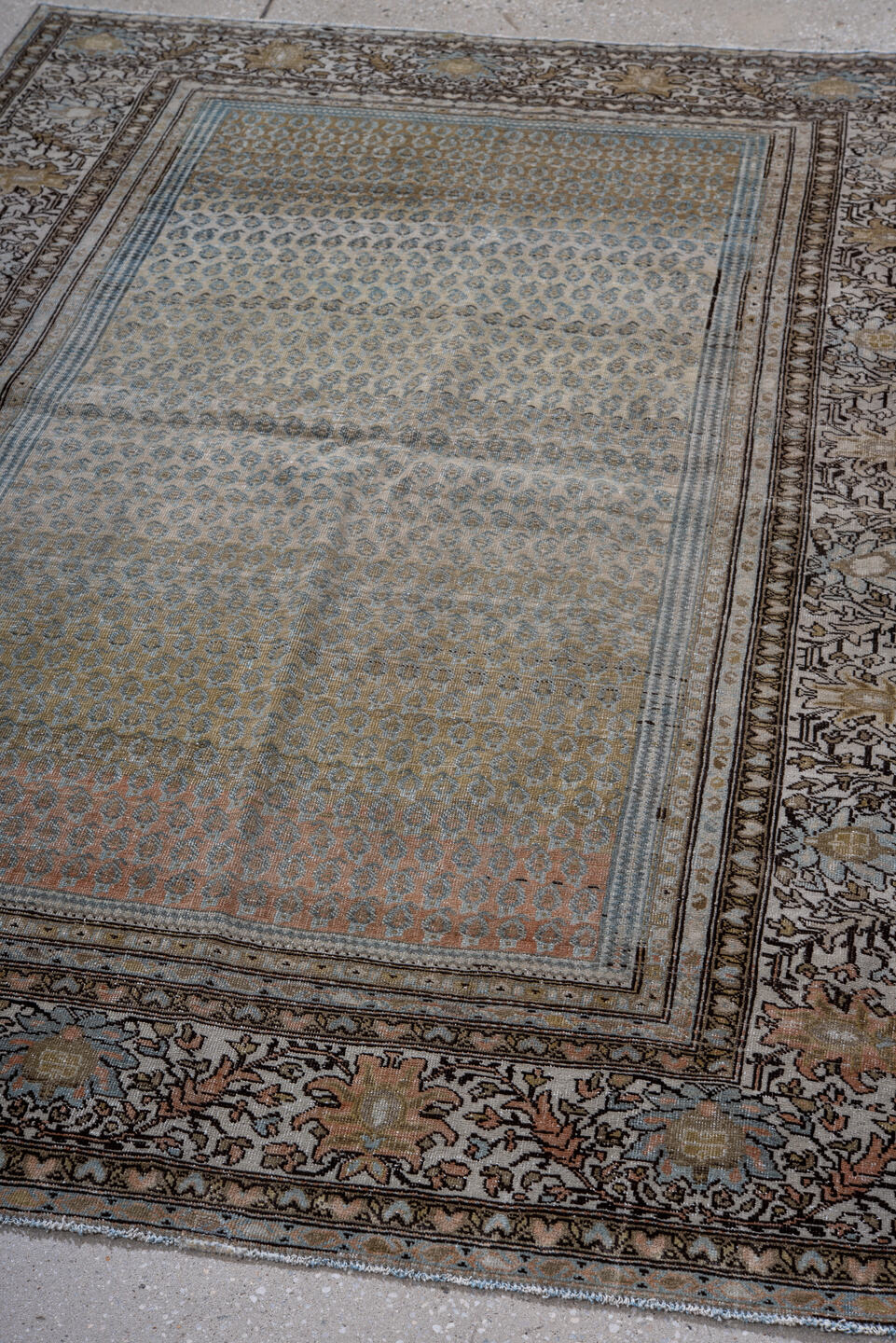 4' x 6' one-of-a-kind handmade vintage Tabriz small size rug. Color palette: black, gray, light gray, off-white, blue