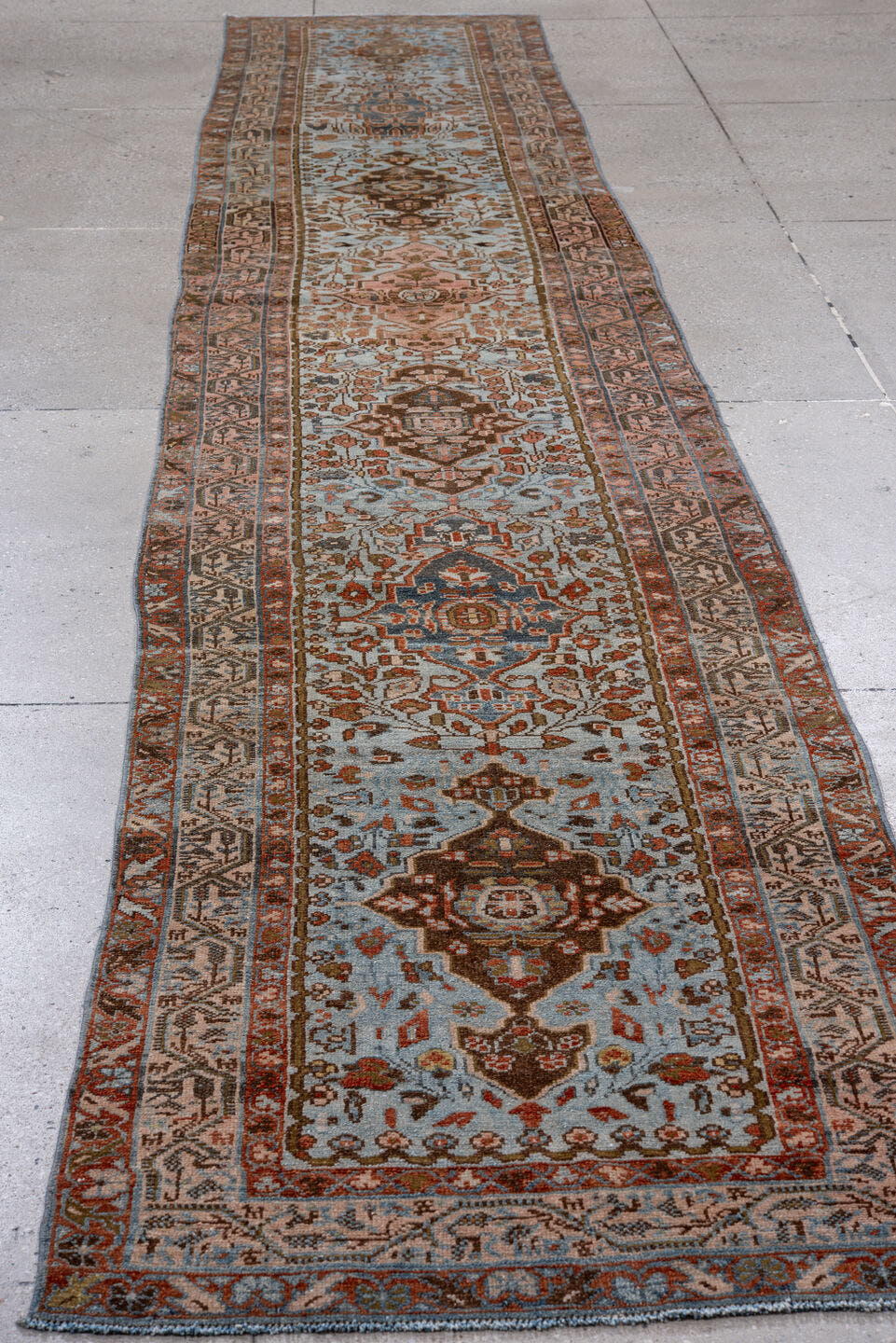 2' x 16' one-of-a-kind handmade antique Malayer runner rug. Color palette: light blue, rust, brown, ivory, rose, slate