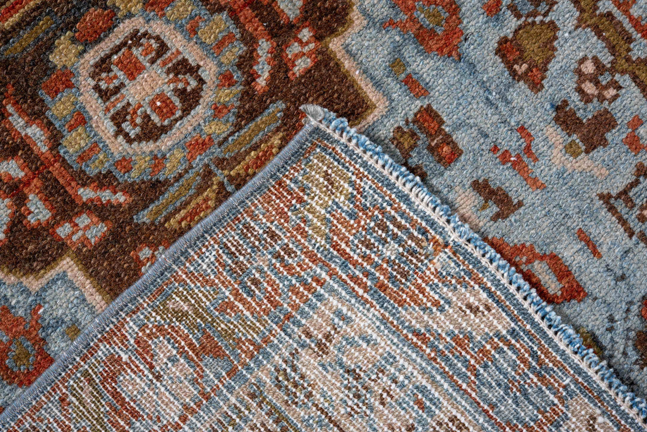 2' x 16' one-of-a-kind handmade antique Malayer runner rug. Color palette: light blue, rust, brown, ivory, rose, slate