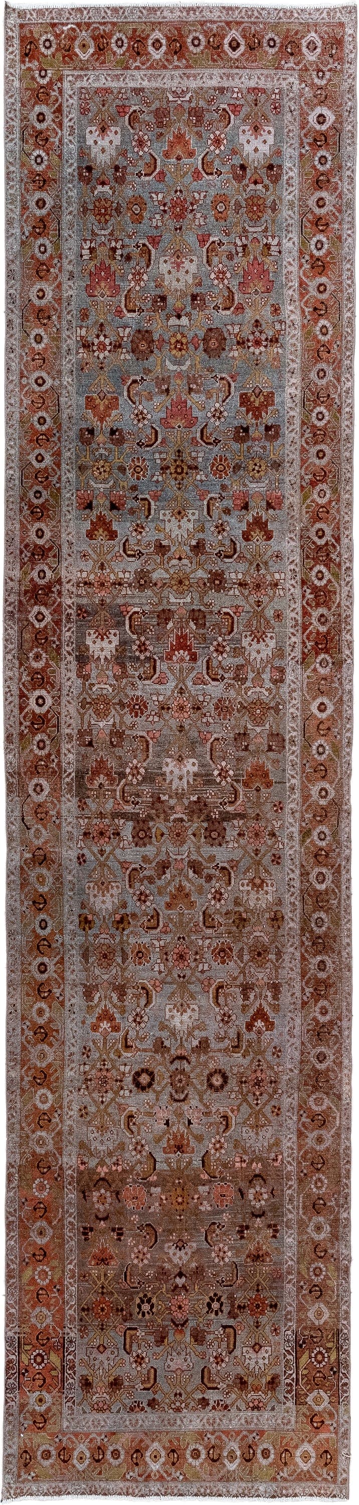 3' x 14' one-of-a-kind handmade antique Malayer runner rug. Color palette: taupe, rust, ivory, rose, brown, muted blue