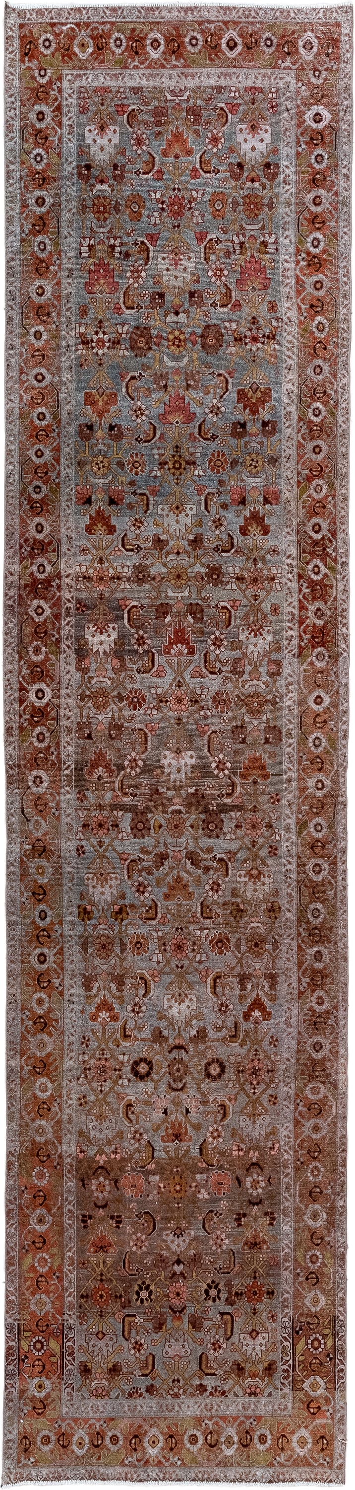 3' x 14' one-of-a-kind handmade antique Malayer runner rug. Color palette: taupe, rust, ivory, rose, brown, muted blue