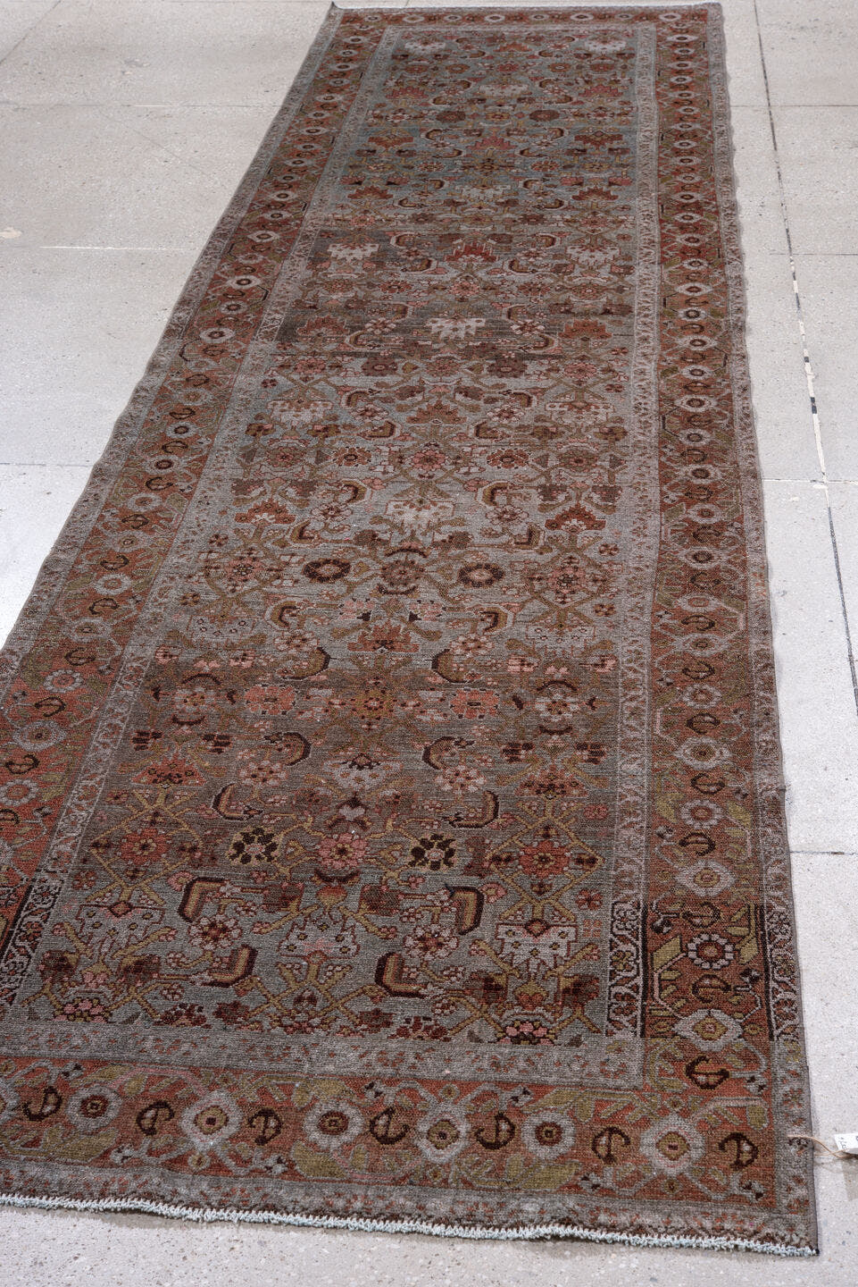 3' x 14' one-of-a-kind handmade antique Malayer runner rug. Color palette: taupe, rust, ivory, rose, brown, muted blue