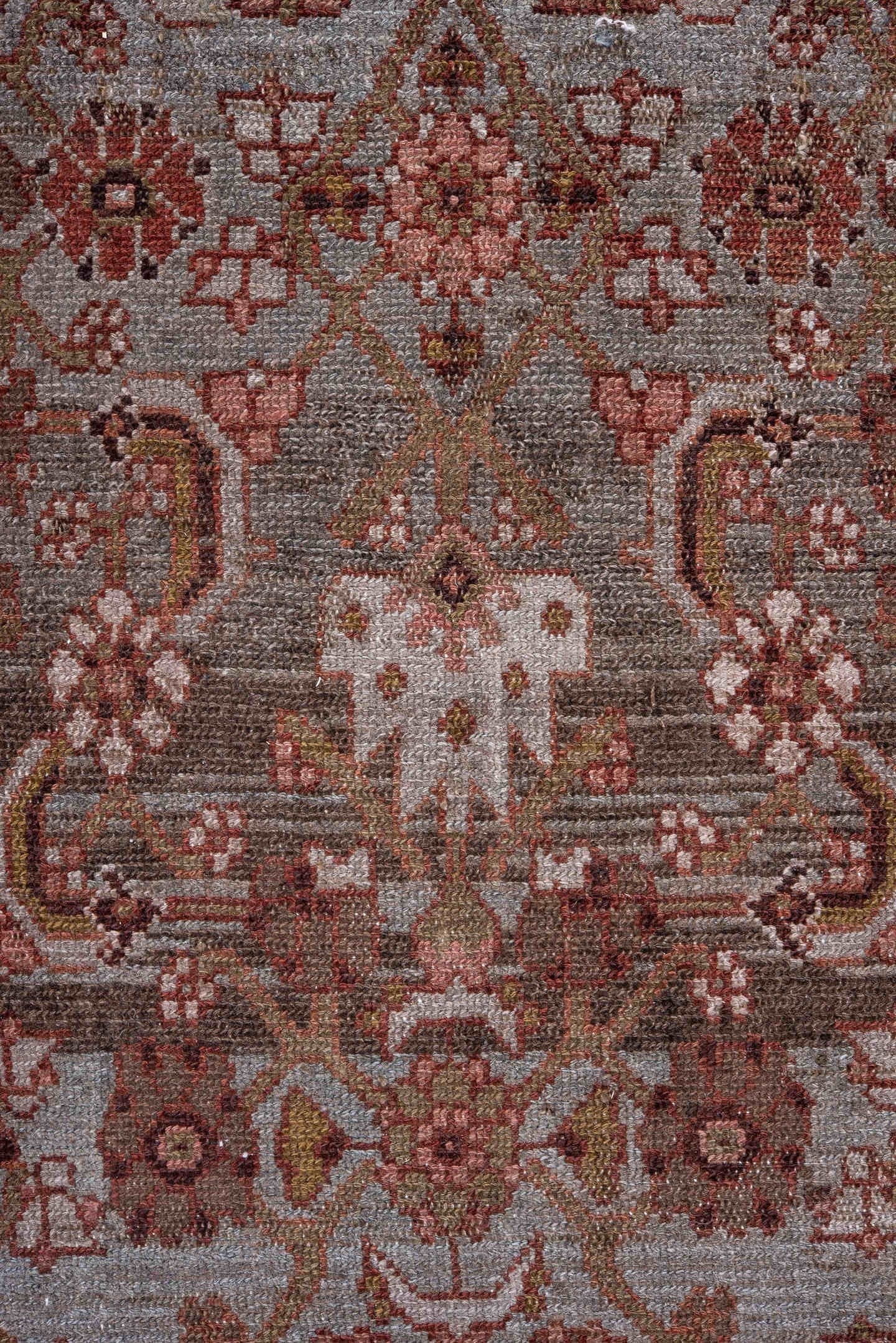 3' x 14' one-of-a-kind handmade antique Malayer runner rug. Color palette: taupe, rust, ivory, rose, brown, muted blue