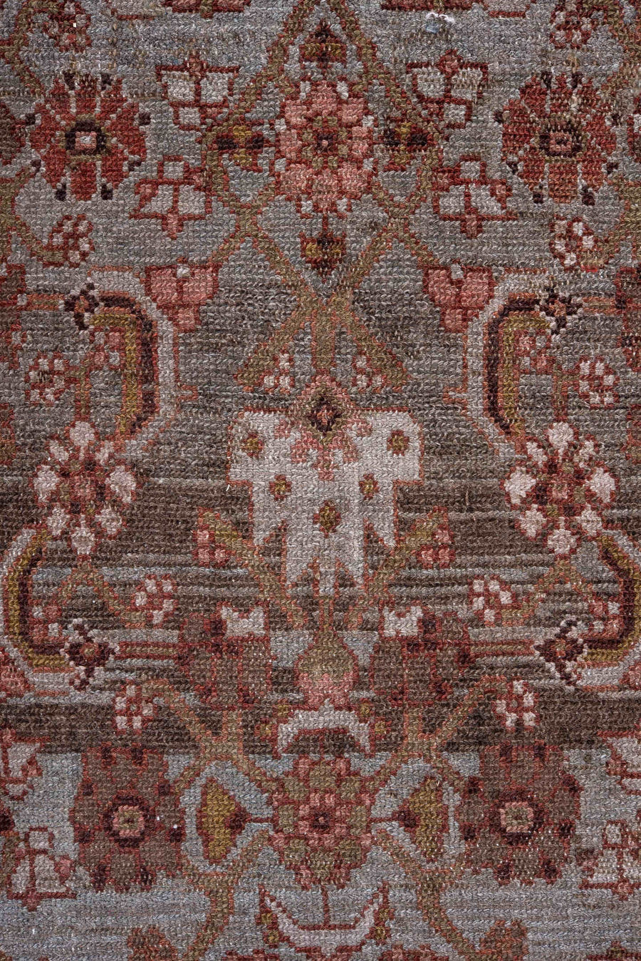 3' x 14' one-of-a-kind handmade antique Malayer runner rug. Color palette: taupe, rust, ivory, rose, brown, muted blue