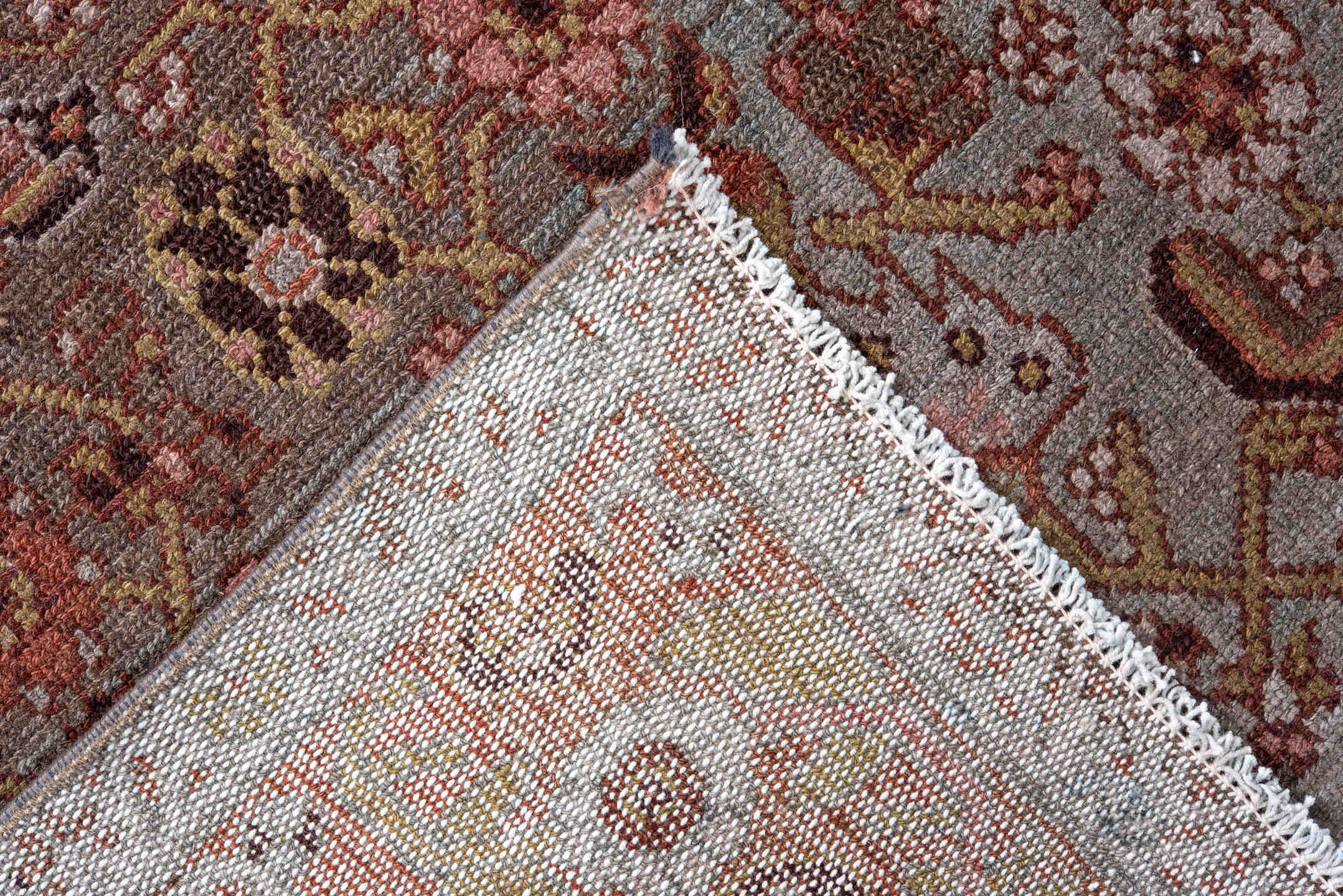 3' x 14' one-of-a-kind handmade vintage Malayer runner rug. Color palette: brown, gray, light gray, off-white, pink, silver