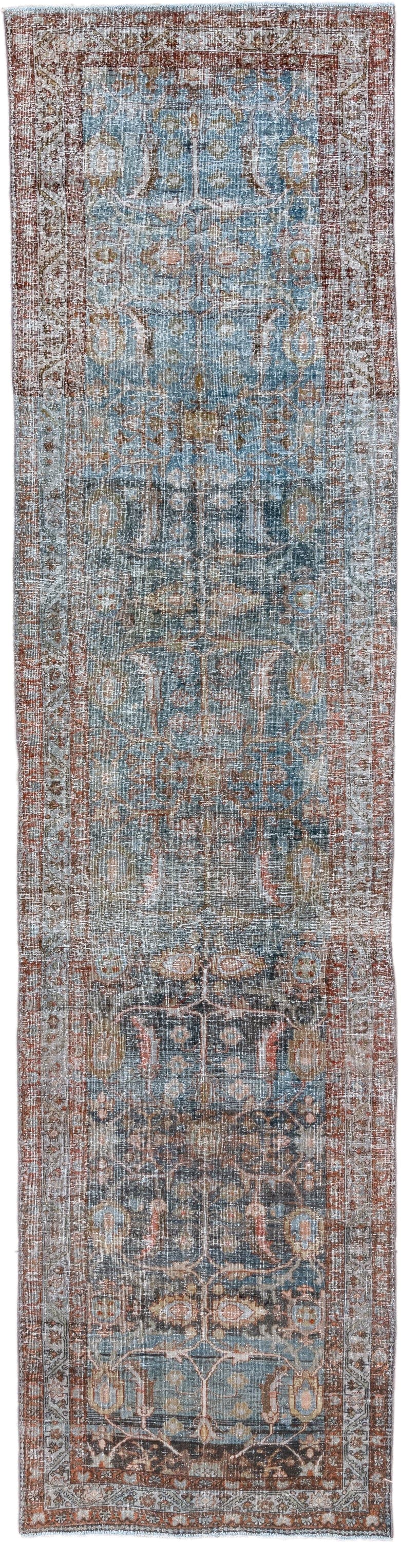 3' x 13' one-of-a-kind handmade antique Malayer runner rug. Color palette: sky blue, rust, ivory, charcoal, taupe, slate