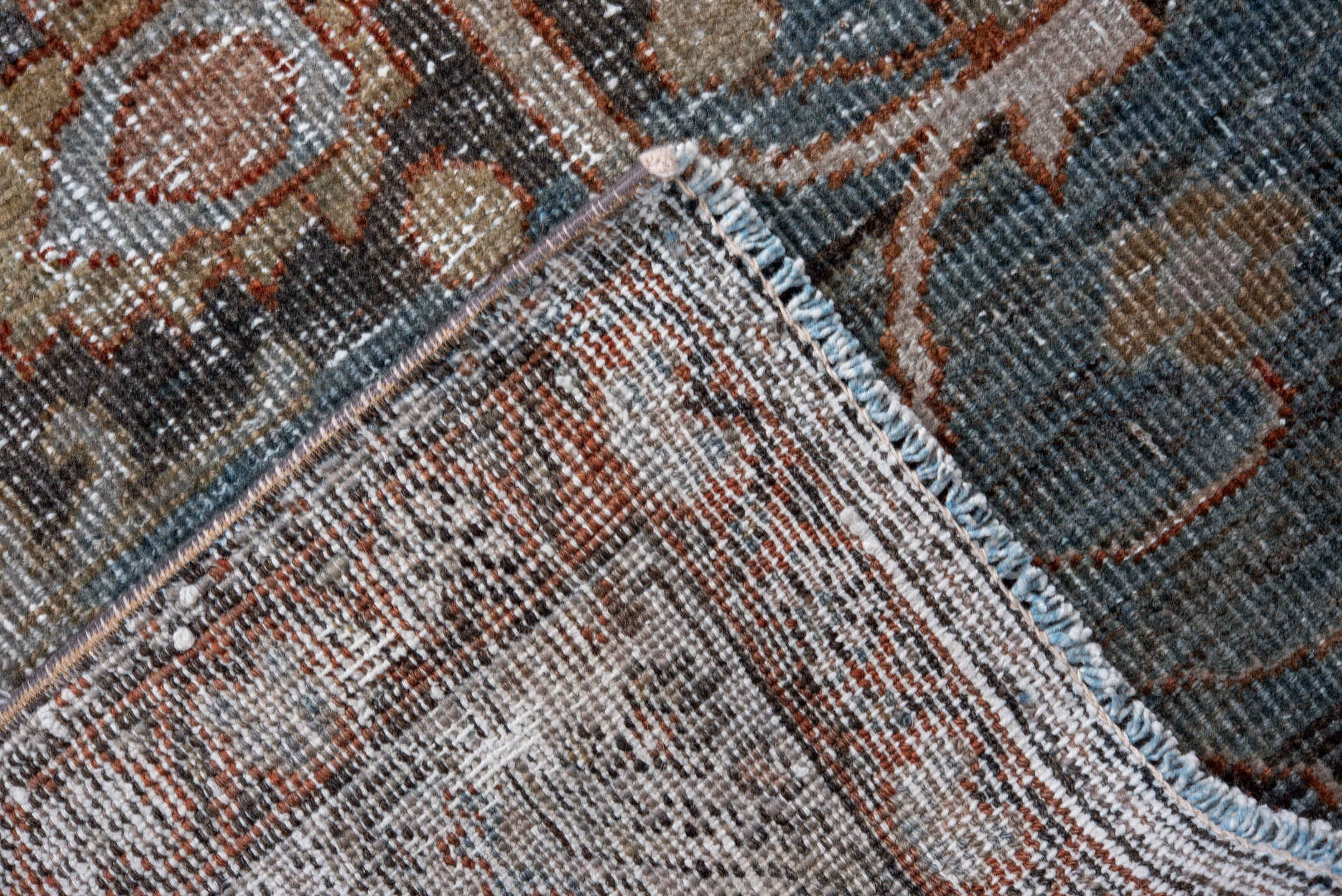 3' x 13' one-of-a-kind handmade antique Malayer runner rug. Color palette: sky blue, rust, ivory, charcoal, taupe, slate