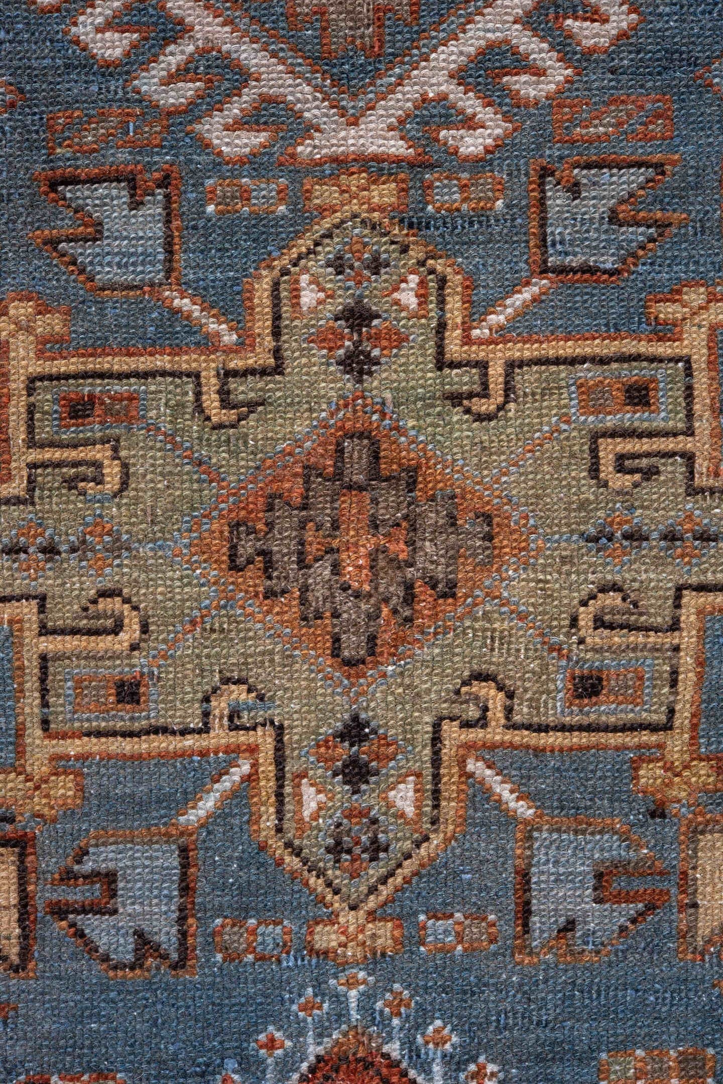 2' x 14' one-of-a-kind handmade vintage Heriz runner rug. Color palette: sky blue, rust, ivory, camel, taupe, brown