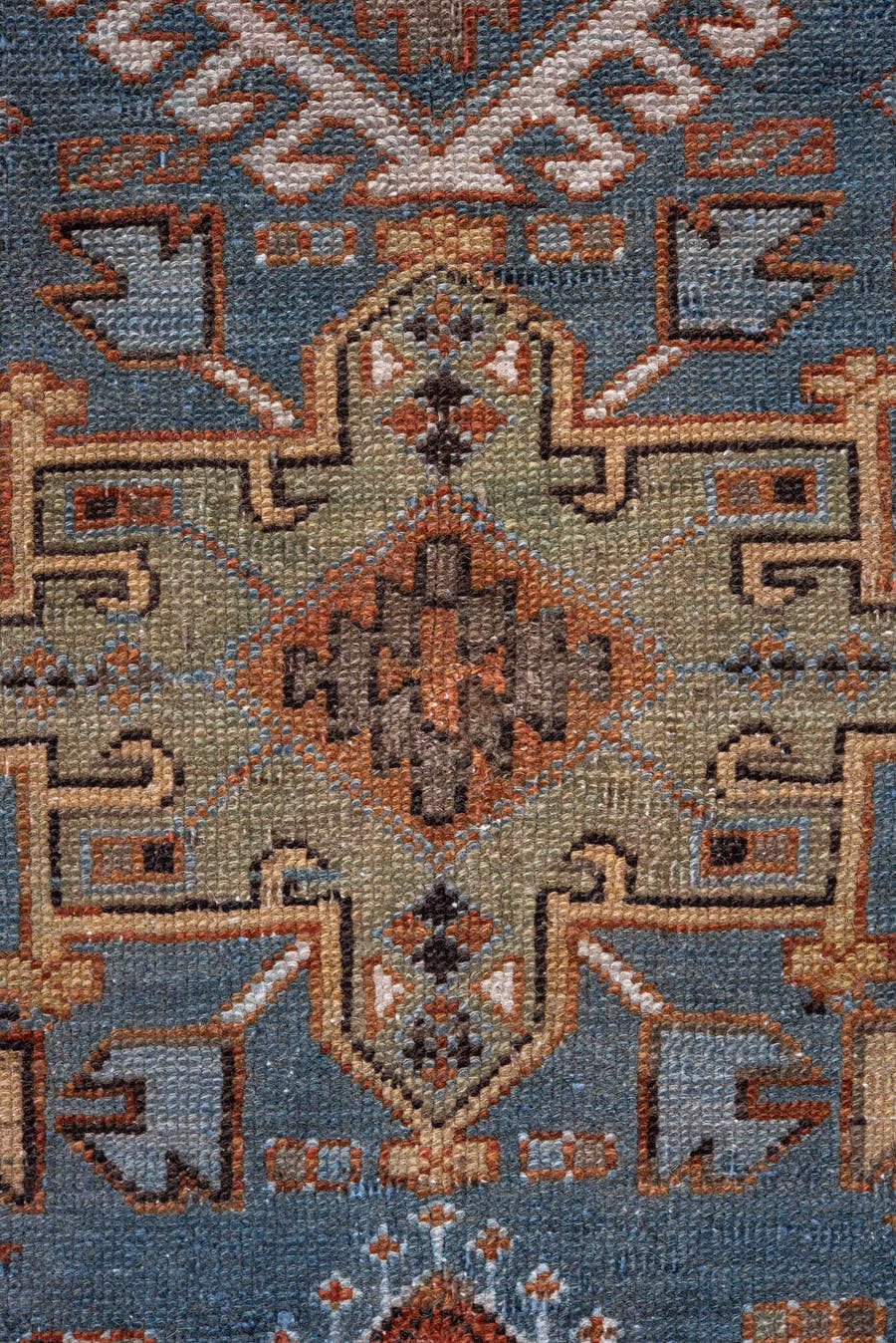 2' x 14' one-of-a-kind handmade vintage Heriz runner rug. Color palette: sky blue, rust, ivory, camel, taupe, brown