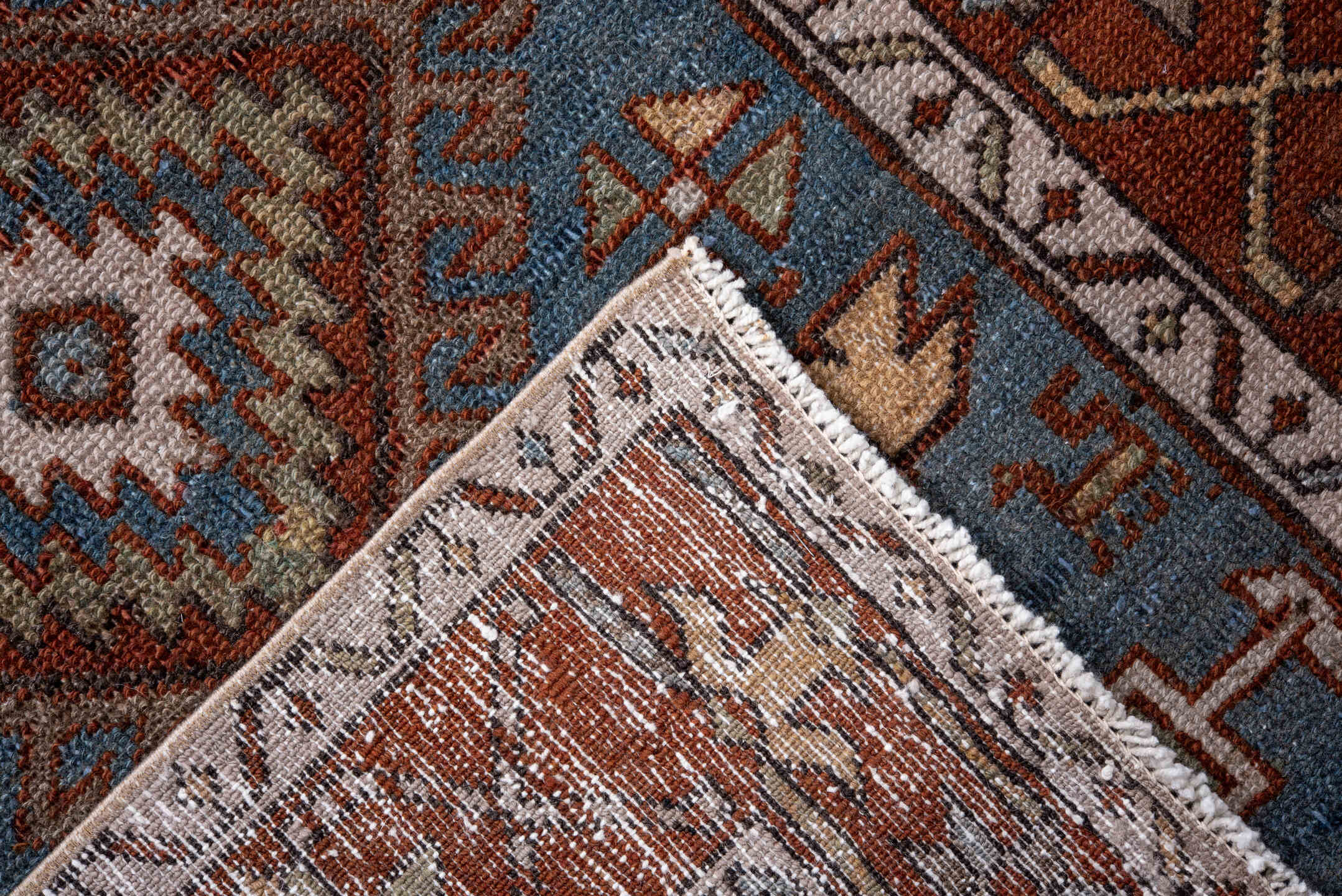2' x 14' one-of-a-kind handmade vintage Heriz runner rug. Color palette: sky blue, rust, ivory, camel, taupe, brown