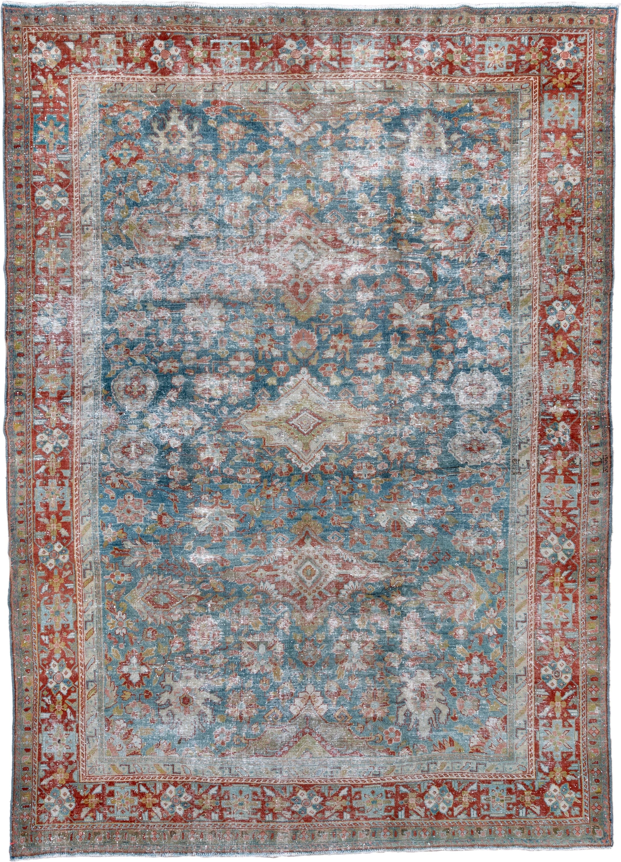 8' x 11' one-of-a-kind handmade antique Mahal large size rug. Color palette: blue, rust, ivory, terra cotta, sage, gold