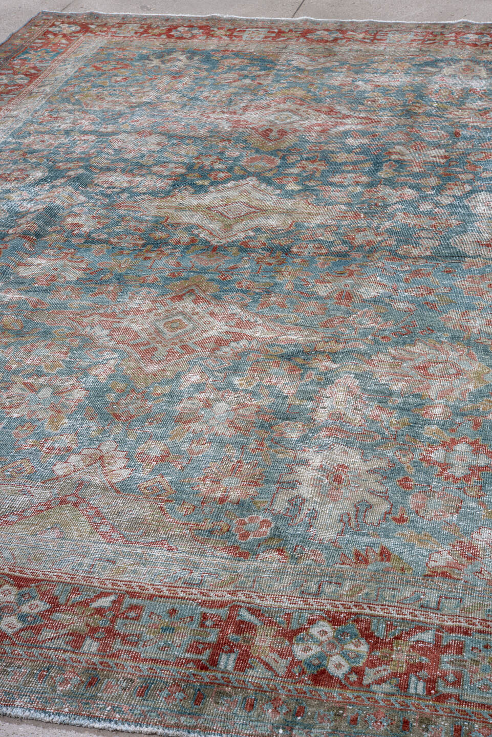 8' x 11' one-of-a-kind handmade antique Mahal large size rug. Color palette: blue, rust, ivory, terra cotta, sage, gold
