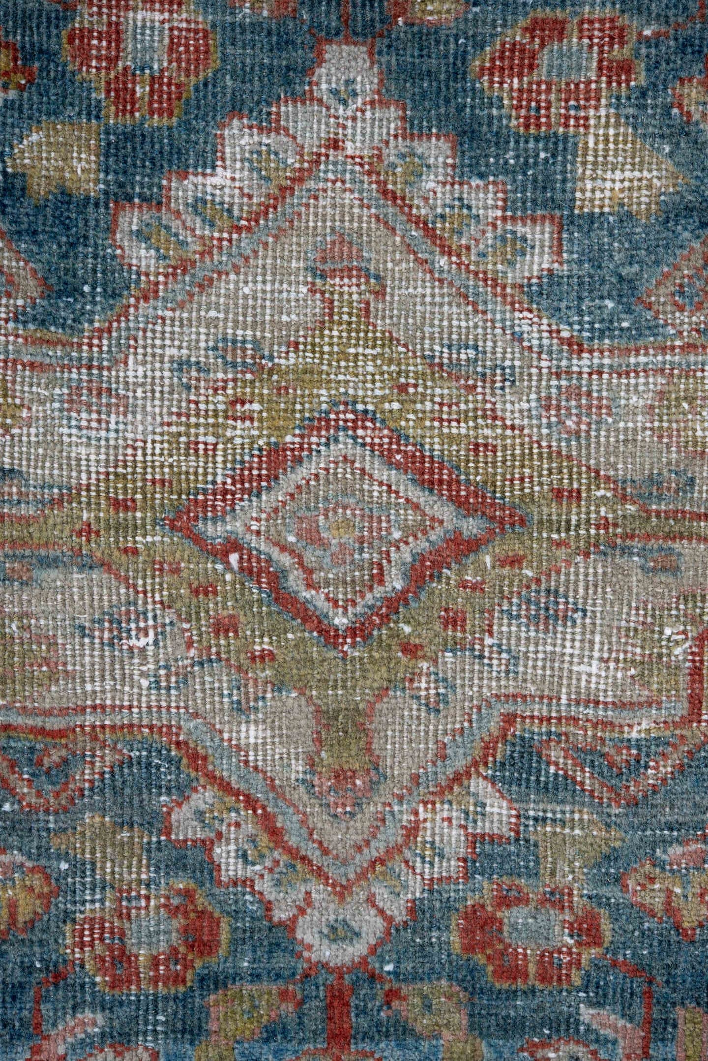 8' x 11' one-of-a-kind handmade antique Mahal large size rug. Color palette: blue, rust, ivory, terra cotta, sage, gold