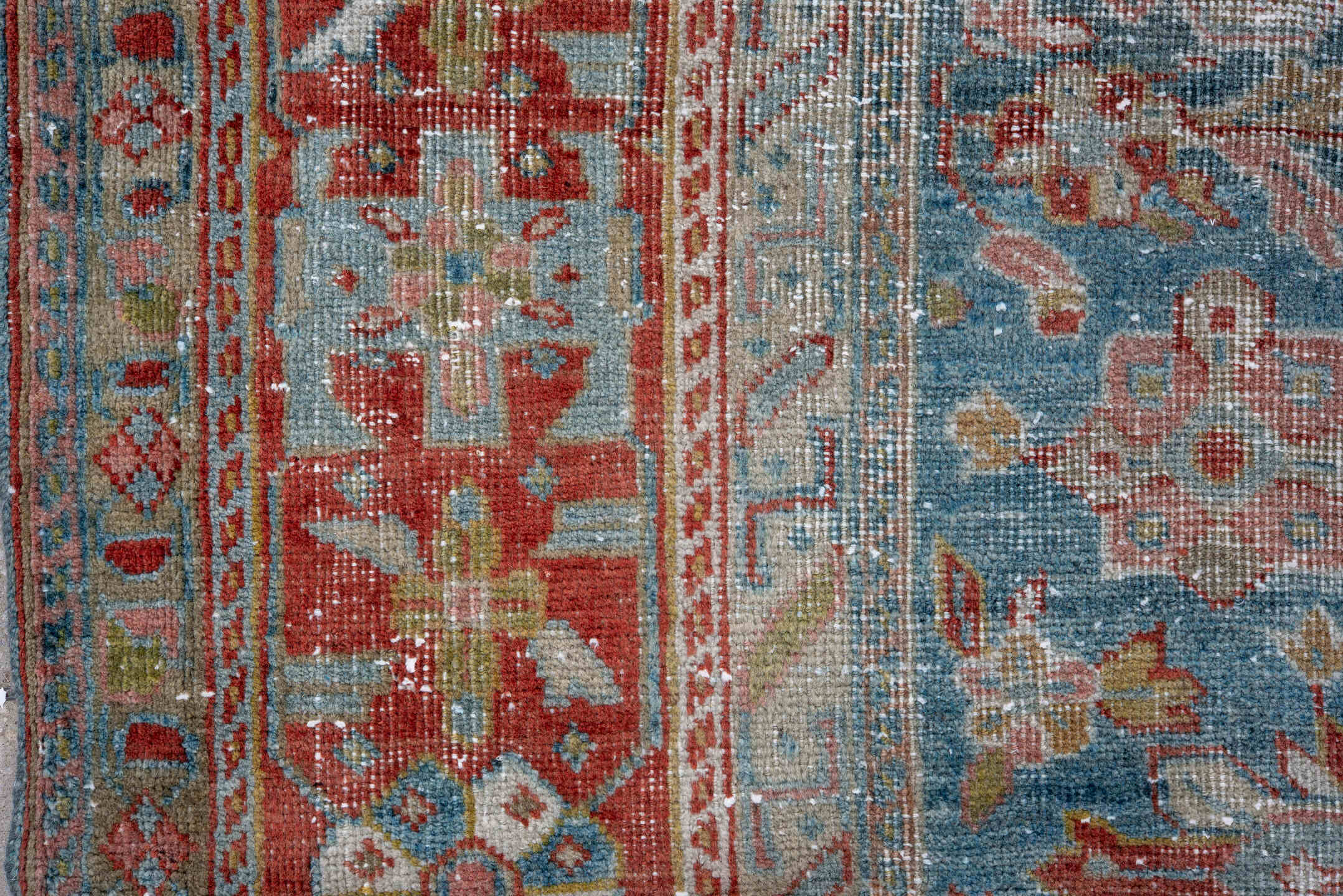8' x 11' one-of-a-kind handmade antique Mahal large size rug. Color palette: blue, rust, ivory, terra cotta, sage, gold