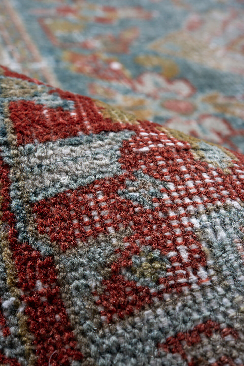 8' x 11' one-of-a-kind handmade antique Mahal large size rug. Color palette: blue, rust, ivory, terra cotta, sage, gold