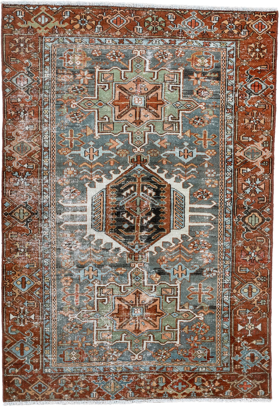 4' x 6' one-of-a-kind handmade antique Karaje small size rug. Color palette: rust, sky blue, ivory, sage, camel, charcoal