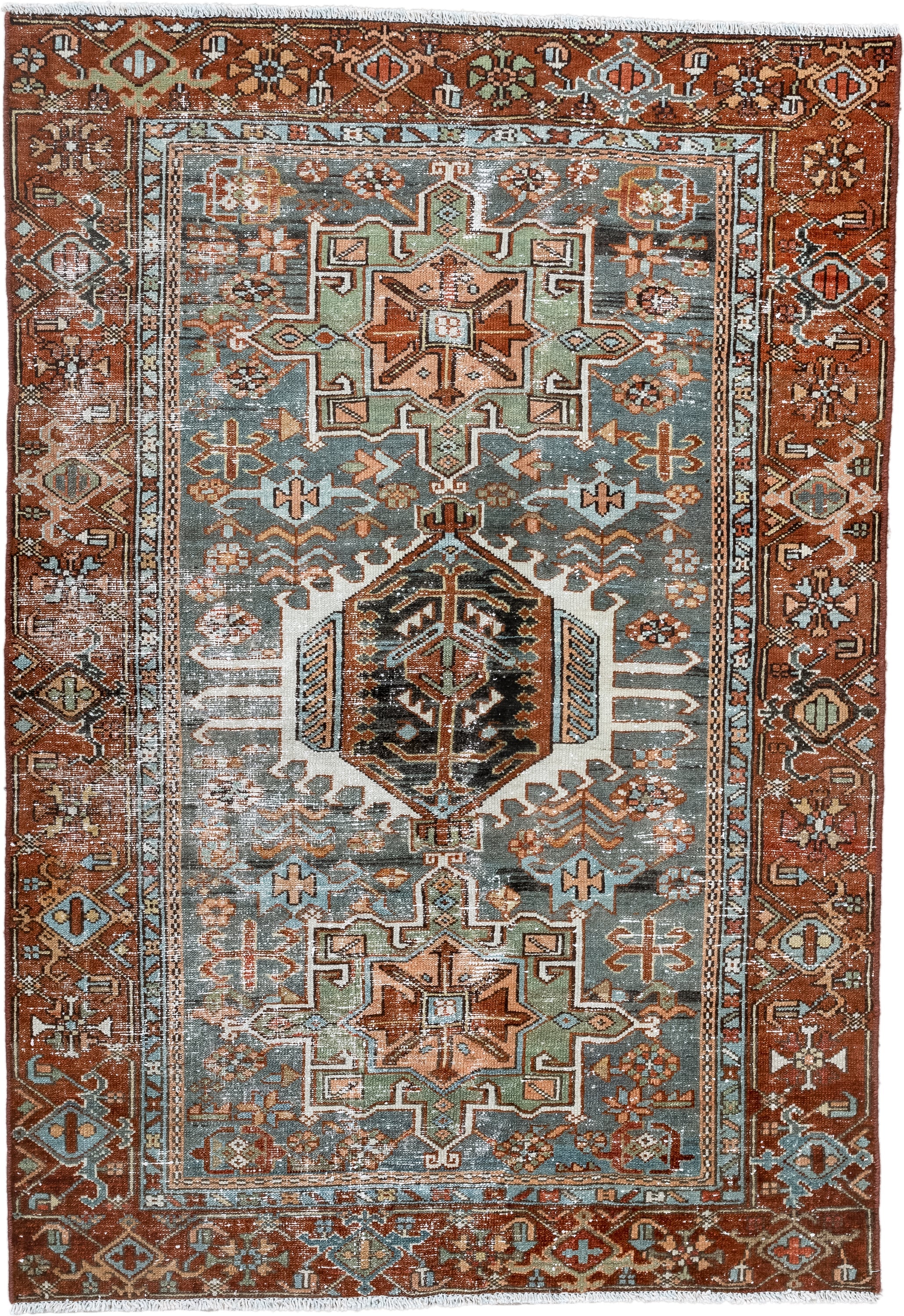 4' x 6' one-of-a-kind handmade antique Karaje small size rug. Color palette: rust, sky blue, ivory, sage, camel, charcoal