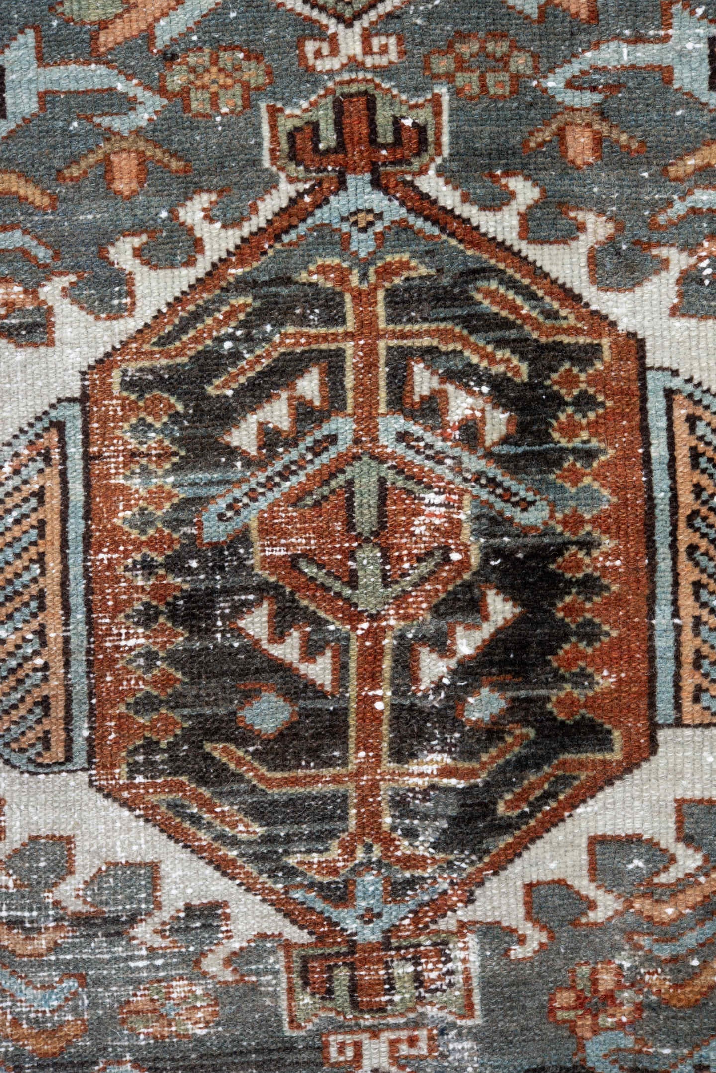 4' x 6' one-of-a-kind handmade antique Karaje small size rug. Color palette: rust, sky blue, ivory, sage, camel, charcoal