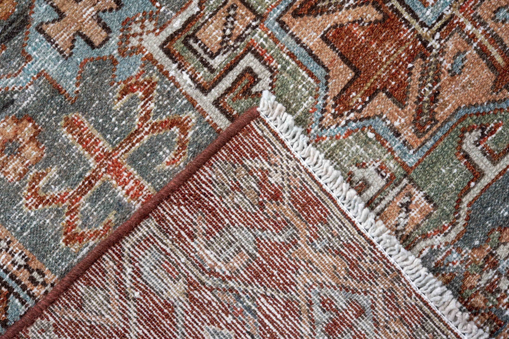 4' x 6' one-of-a-kind handmade antique Karaje small size rug. Color palette: rust, sky blue, ivory, sage, camel, charcoal
