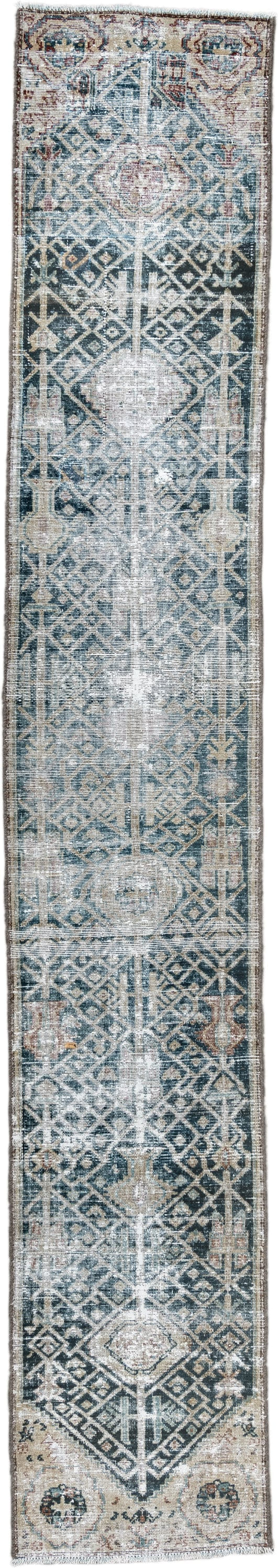 1' x 10' one-of-a-kind handmade antique Malayer rug. Color palette: indigo, ivory, slate, taupe, rust, camel, blue gray