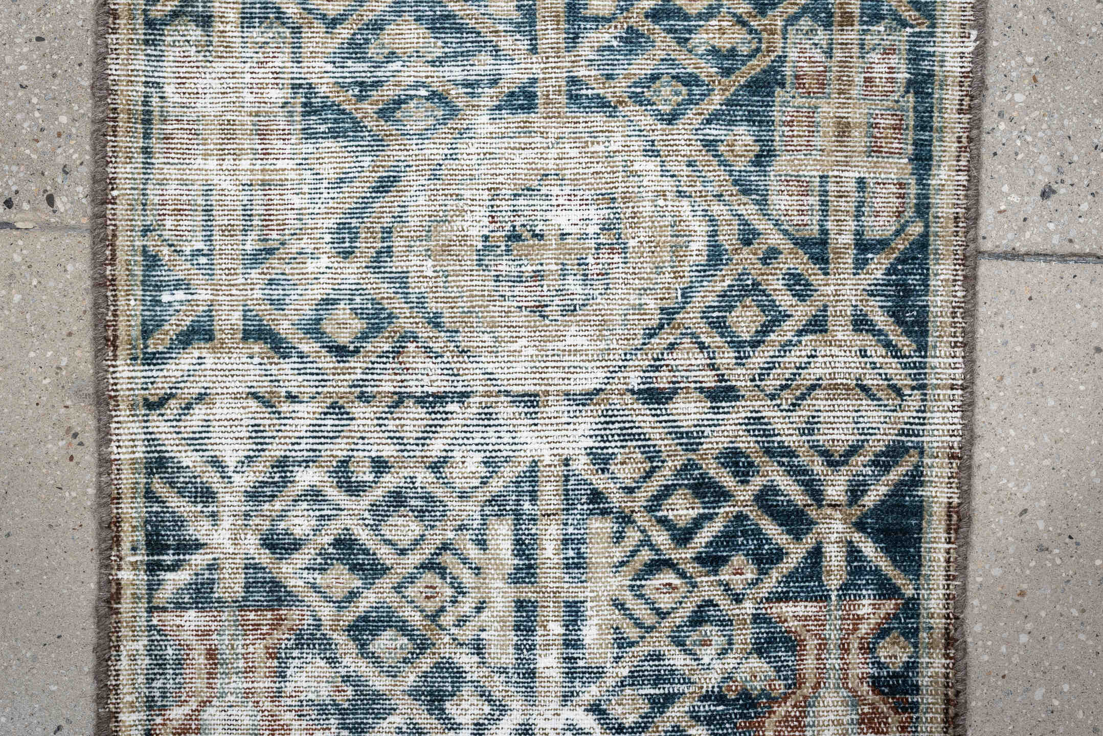 1' x 10' one-of-a-kind handmade antique Malayer rug. Color palette: indigo, ivory, slate, taupe, rust, camel, blue gray