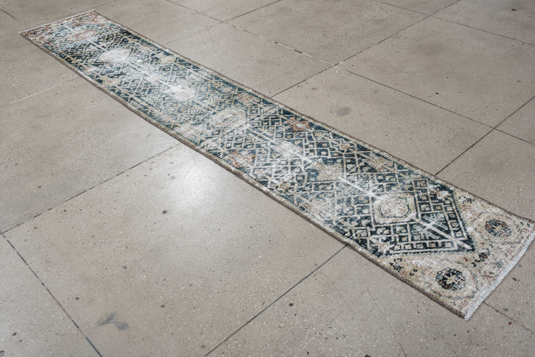 1' x 10' one-of-a-kind handmade antique Malayer rug. Color palette: indigo, ivory, slate, taupe, rust, camel, blue gray