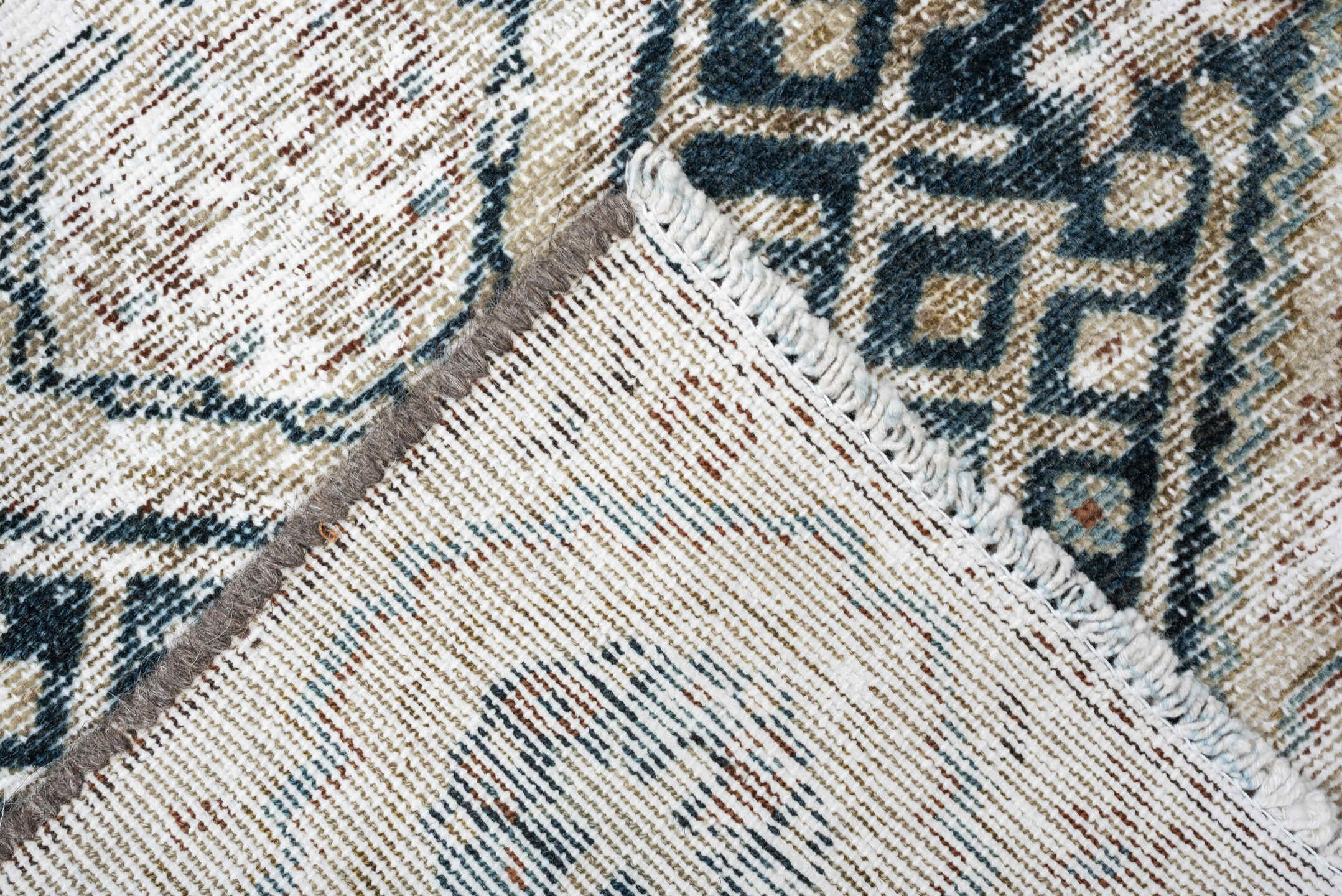 1' x 10' one-of-a-kind handmade antique Malayer rug. Color palette: indigo, ivory, slate, taupe, rust, camel, blue gray