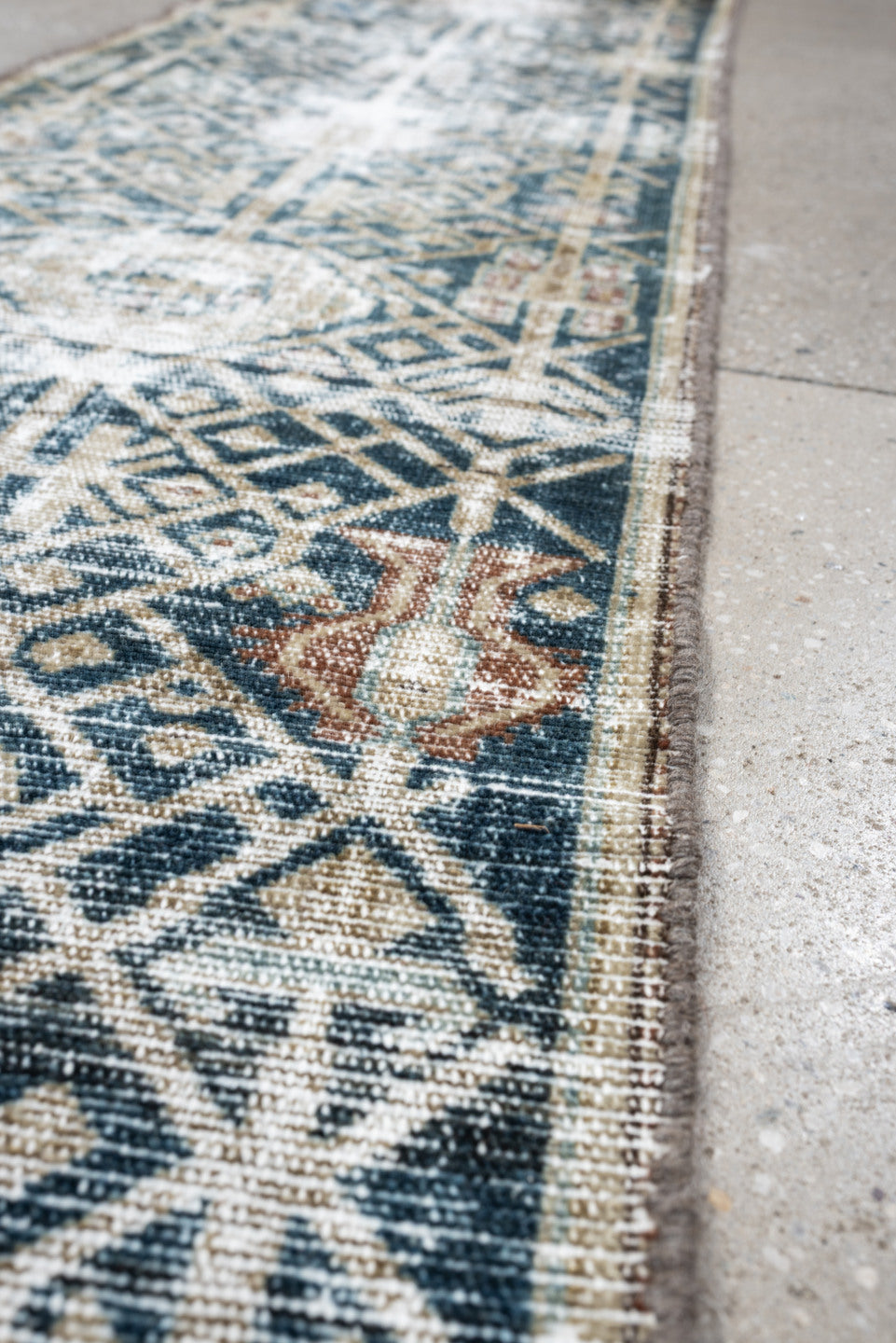 1' x 10' one-of-a-kind handmade antique Malayer rug. Color palette: indigo, ivory, slate, taupe, rust, camel, blue gray