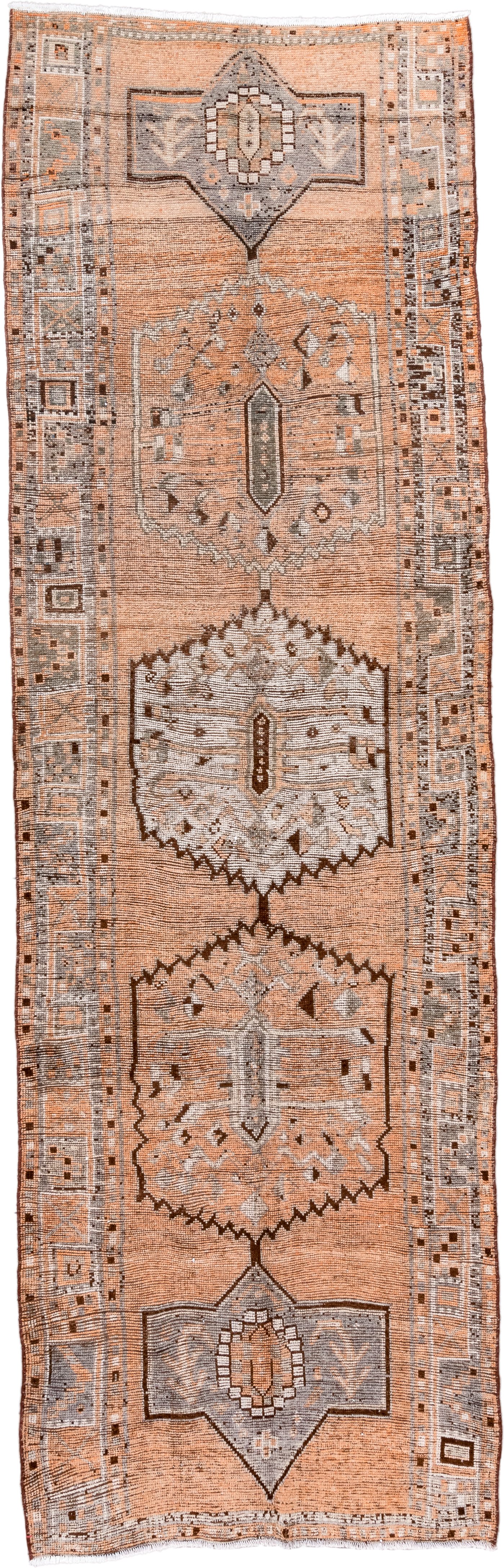 4' x 14' one-of-a-kind handmade antique Oushak runner rug. Color palette: peach, ivory, taupe, brown, gray, camel