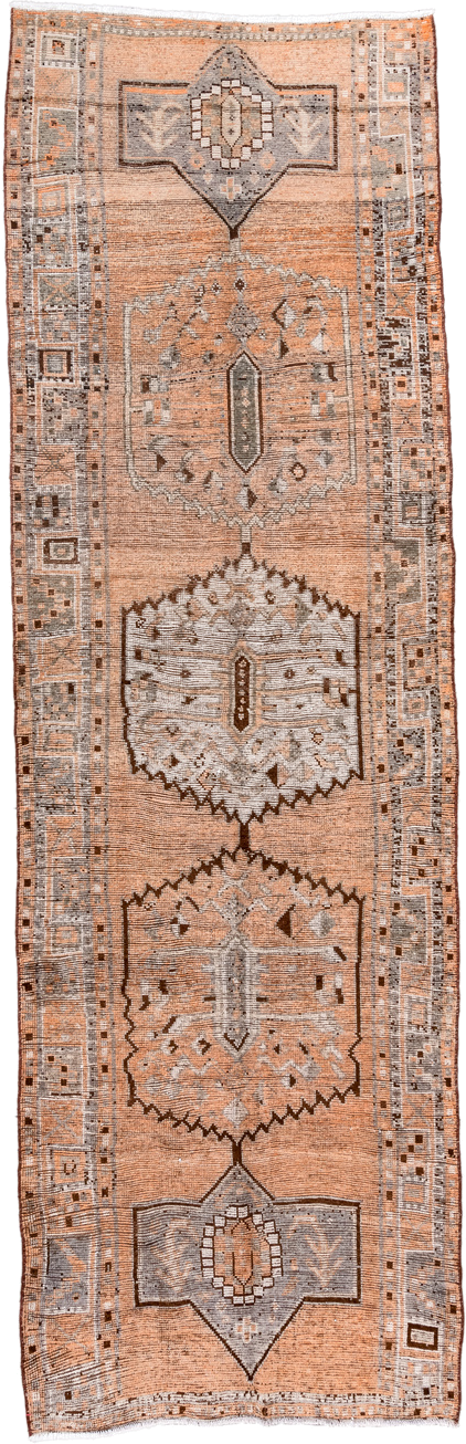 4' x 14' one-of-a-kind handmade antique Oushak runner rug. Color palette: peach, ivory, taupe, brown, gray, camel