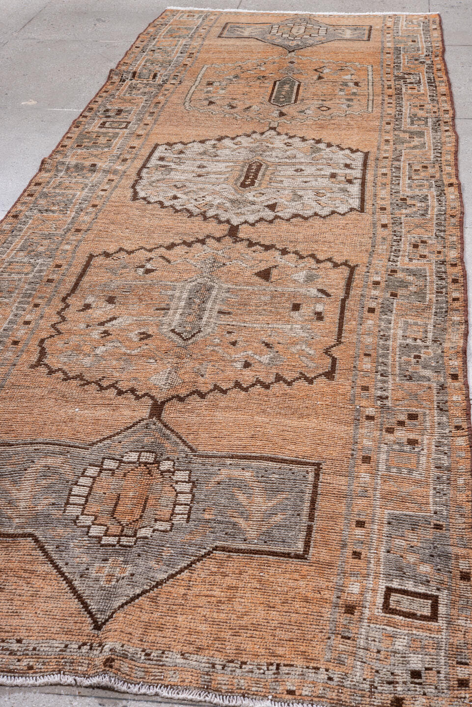 4' x 14' one-of-a-kind handmade antique Oushak runner rug. Color palette: peach, ivory, taupe, brown, gray, camel