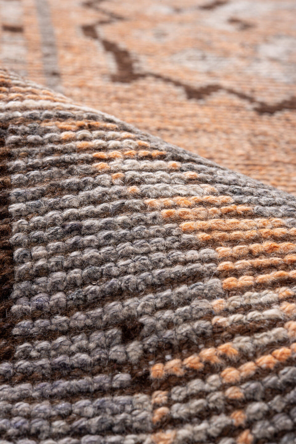 4' x 14' one-of-a-kind handmade antique Oushak runner rug. Color palette: peach, ivory, taupe, brown, gray, camel