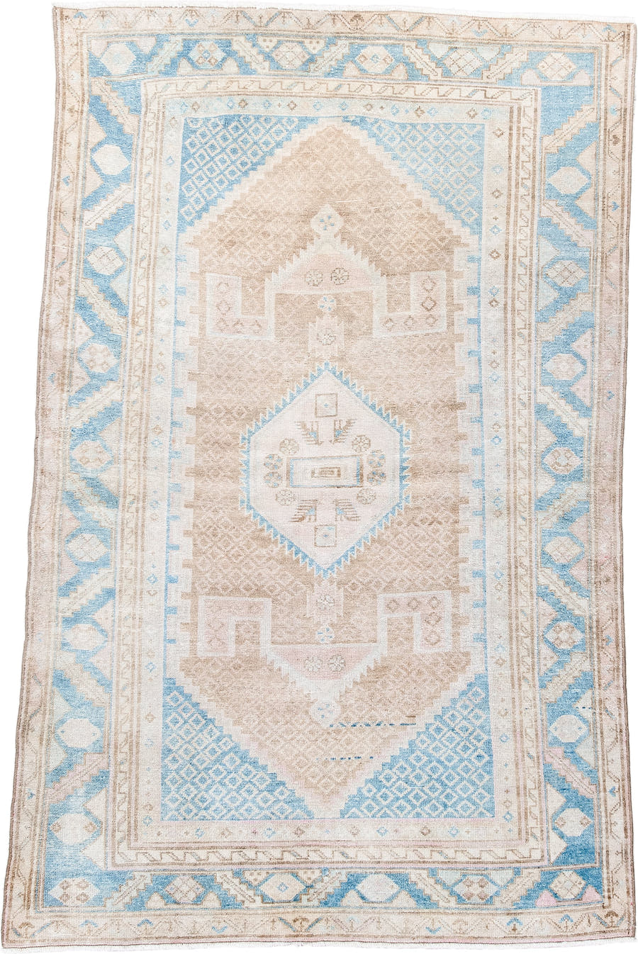4' x 6' one-of-a-kind handmade antique Hamadan small size rug. Color palette: ivory, sky_blue, beige, taupe, camel