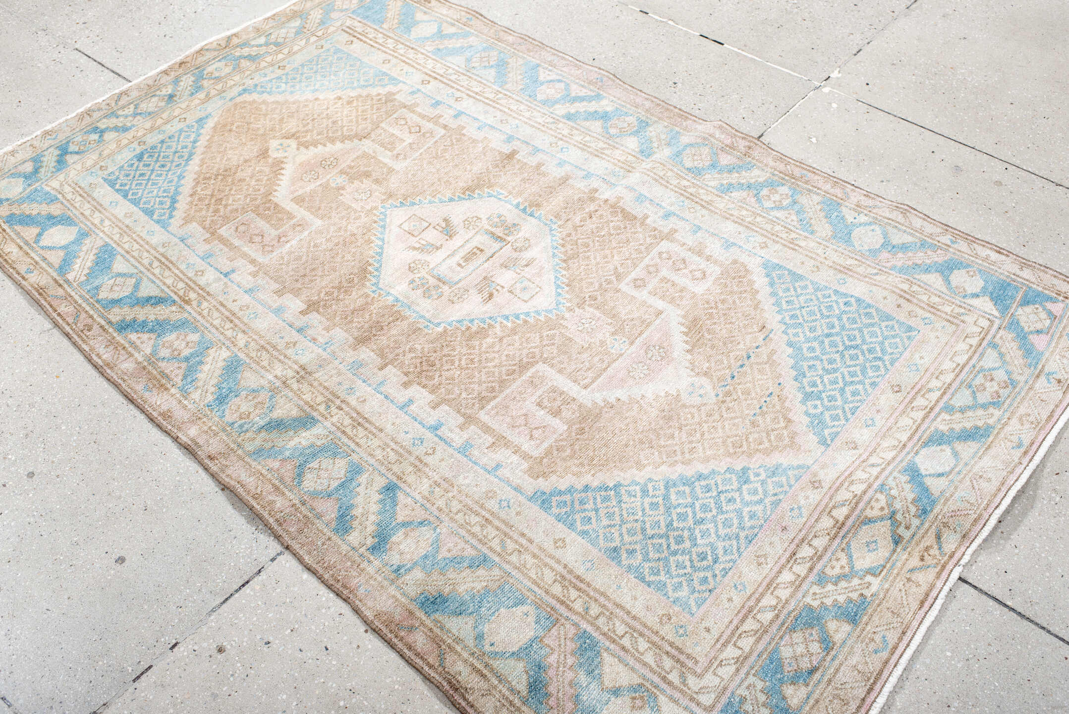 4' x 6' one-of-a-kind handmade antique Hamadan small size rug. Color palette: ivory, sky_blue, beige, taupe, camel