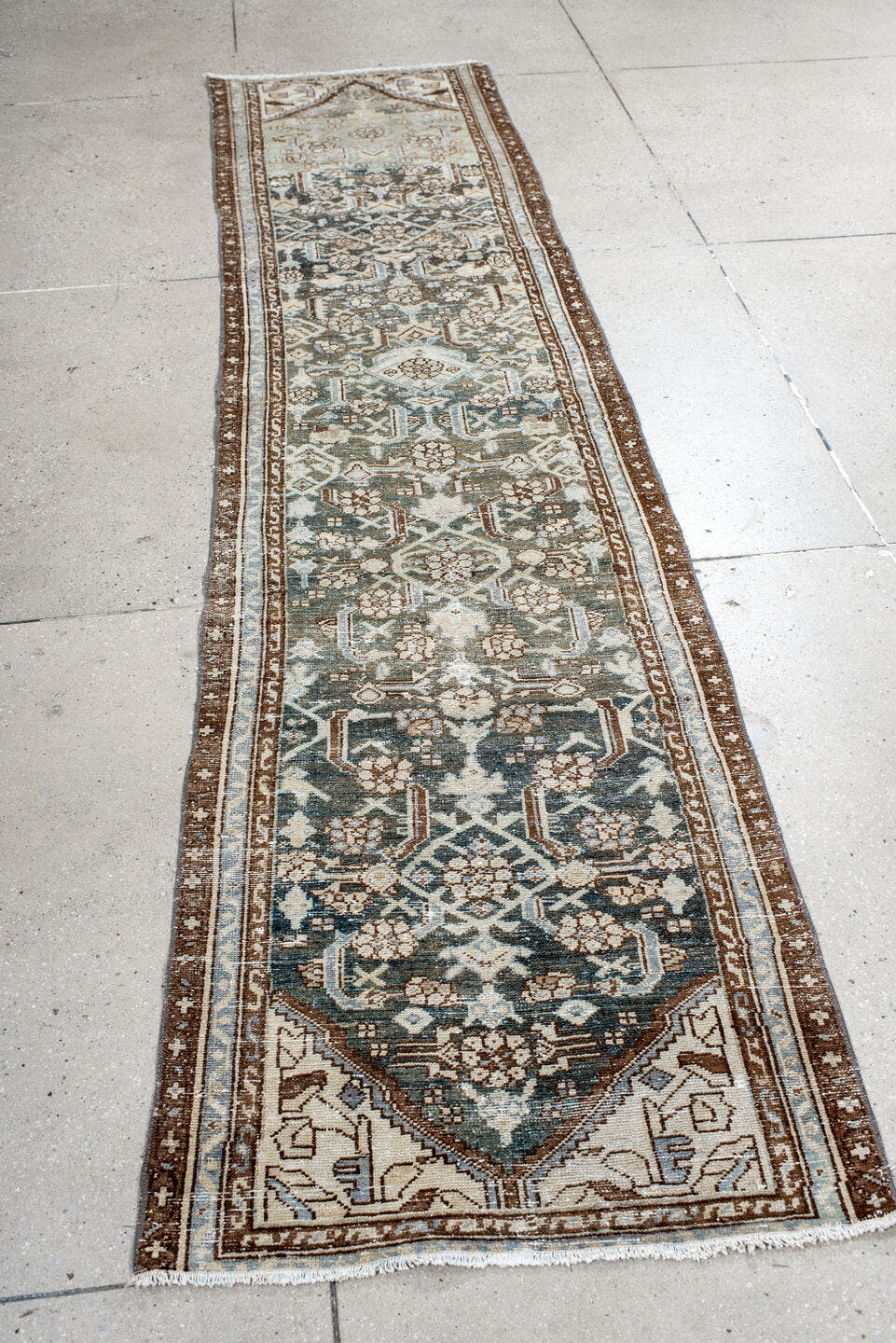2' x 9' one-of-a-kind handmade antique Malayer runner rug. Color palette: ivory, blue, brown, taupe, slate, camel, beige