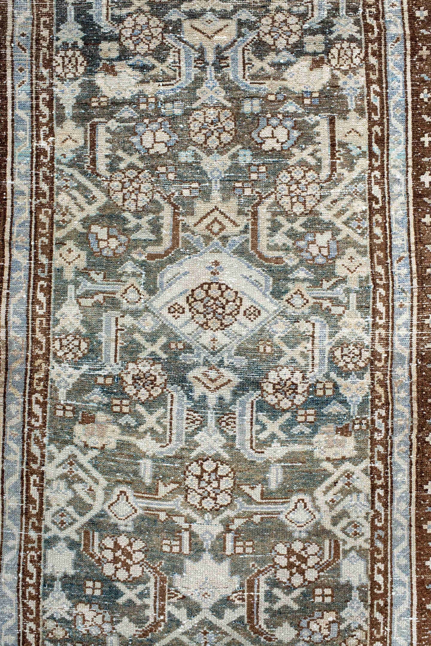 2' x 9' one-of-a-kind handmade antique Malayer runner rug. Color palette: ivory, blue, brown, taupe, slate, camel, beige