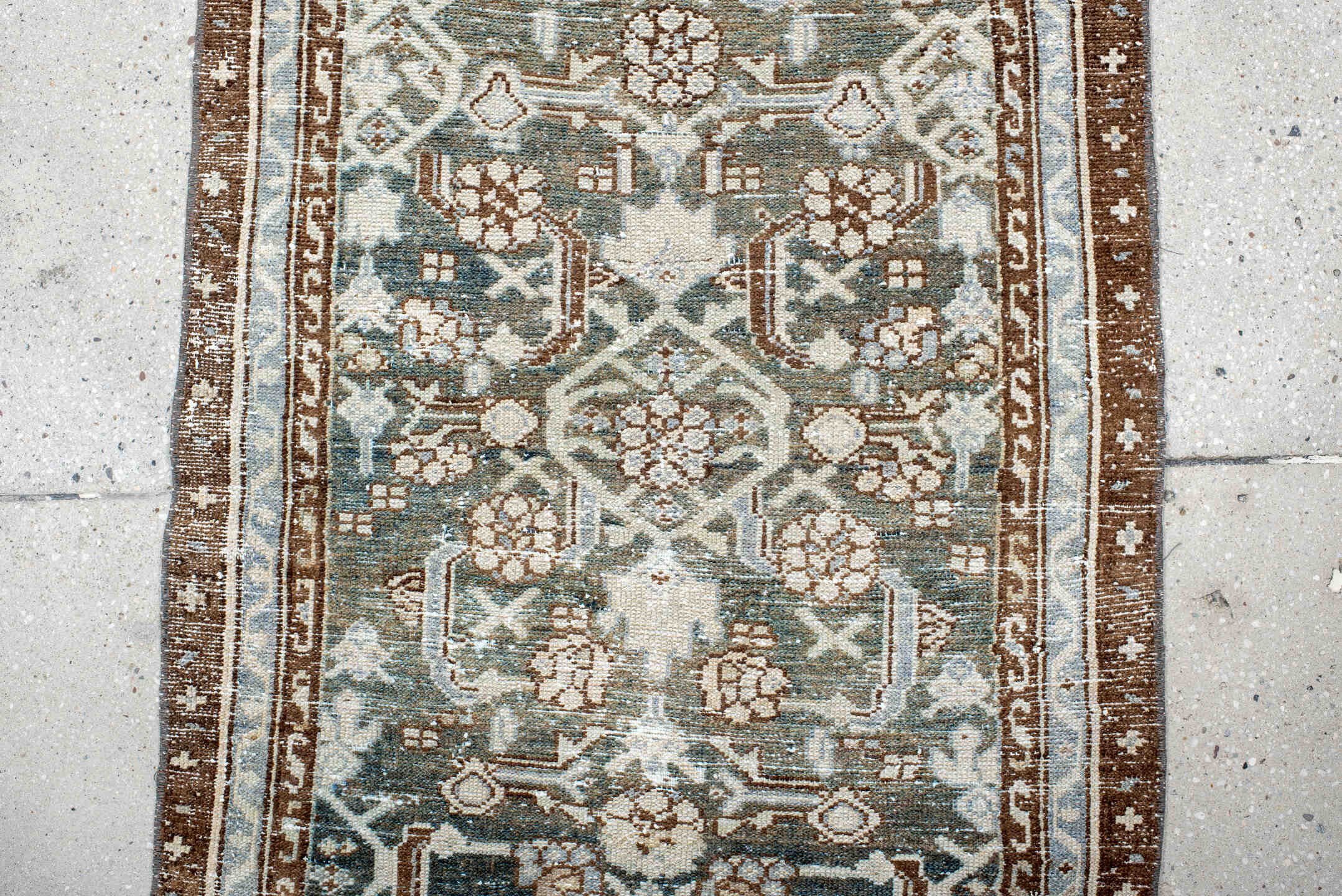 2' x 9' one-of-a-kind handmade antique Malayer runner rug. Color palette: ivory, blue, brown, taupe, slate, camel, beige