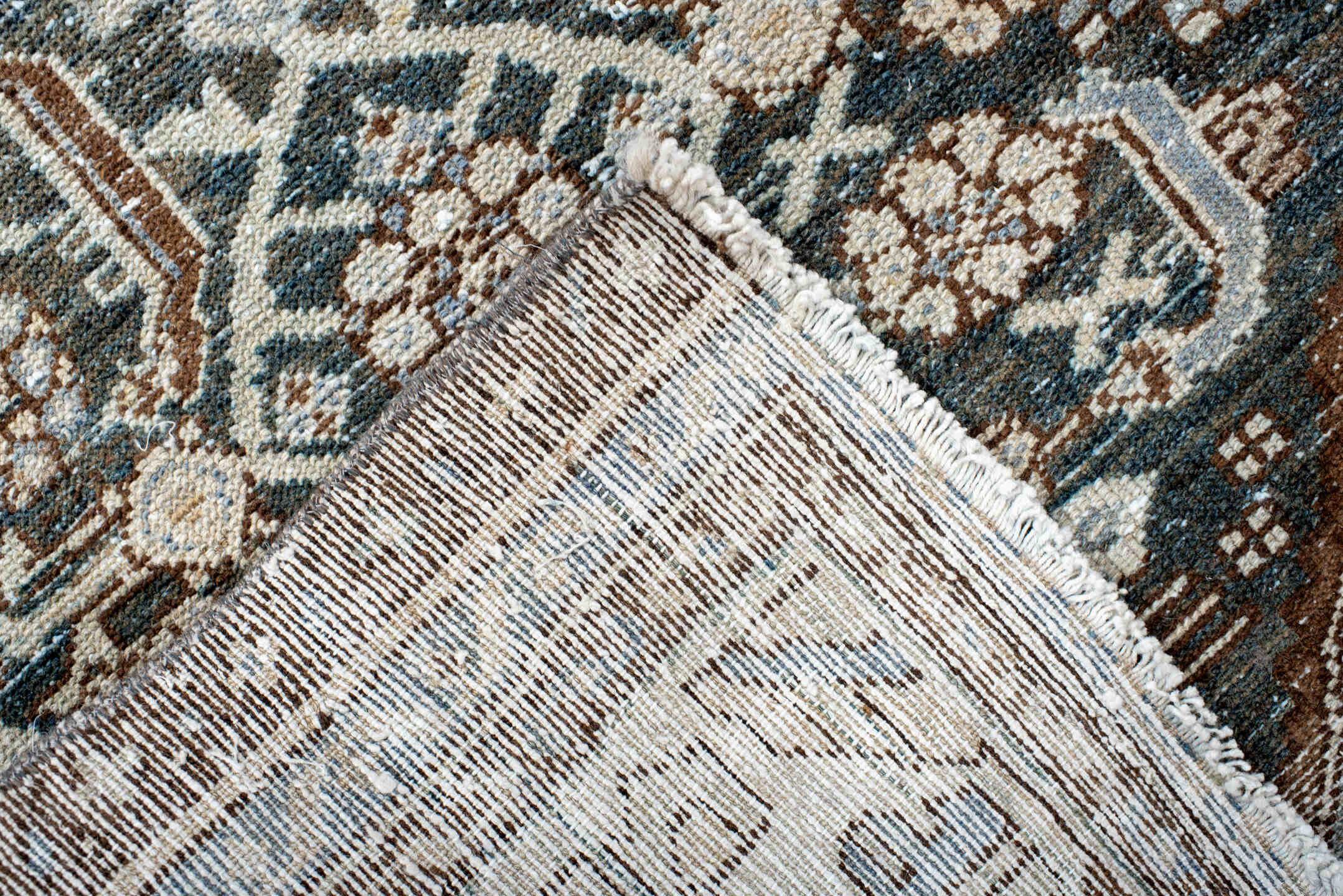 2' x 9' one-of-a-kind handmade antique Malayer runner rug. Color palette: ivory, blue, brown, taupe, slate, camel, beige