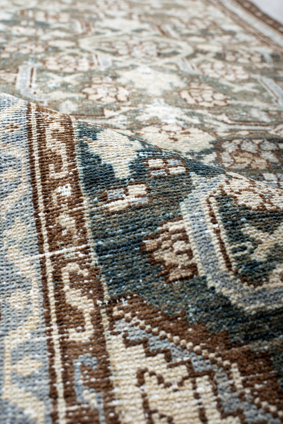 2' x 9' one-of-a-kind handmade antique Malayer runner rug. Color palette: ivory, blue, brown, taupe, slate, camel, beige