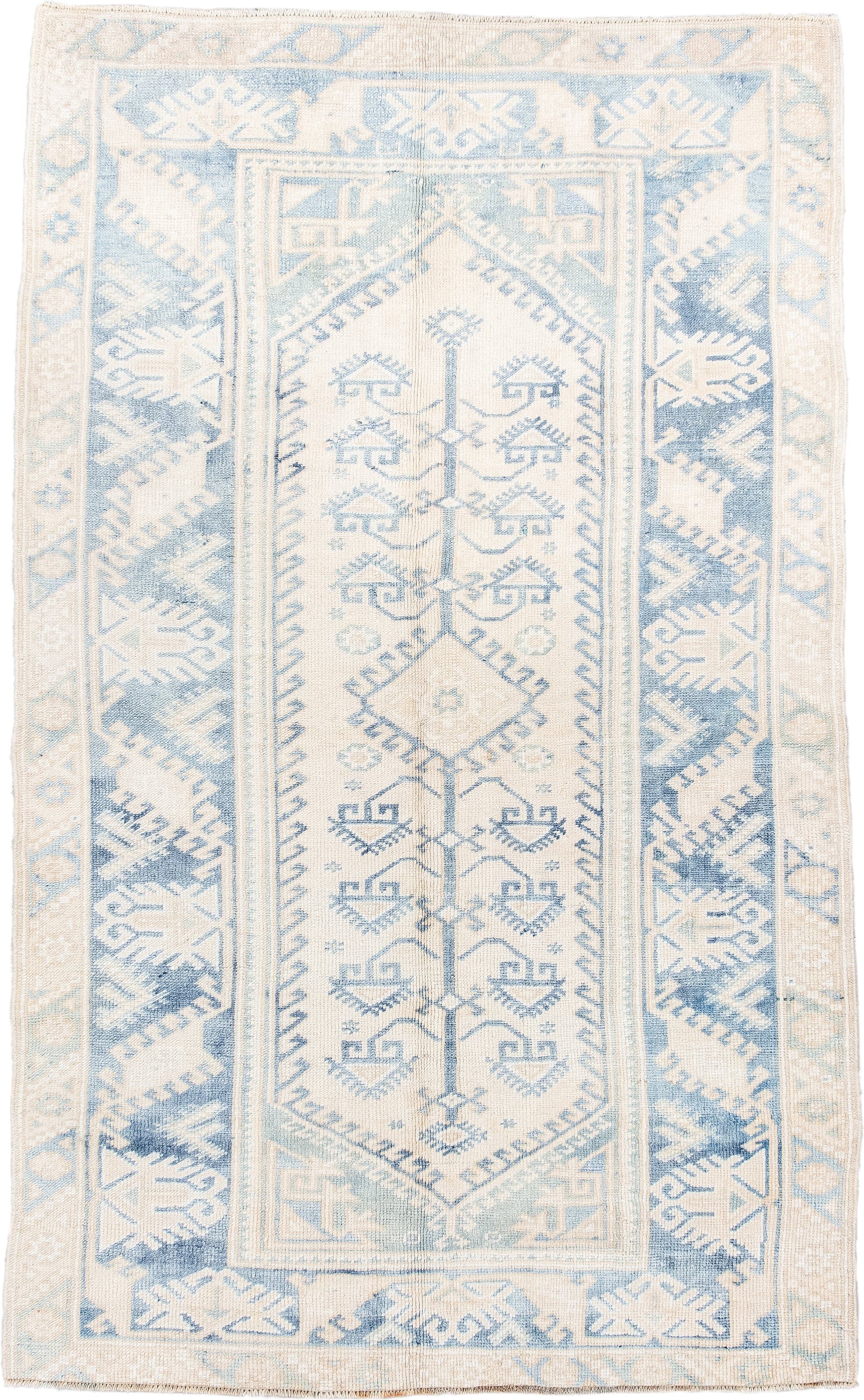 3' x 6' one-of-a-kind handmade antique Anatolian small size rug. Color palette: ivory, sky blue, beige, cream, pale blue