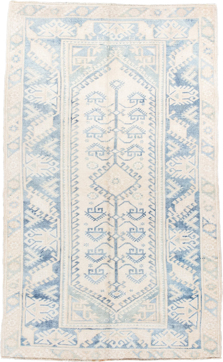 3' x 6' one-of-a-kind handmade antique Anatolian small size rug. Color palette: ivory, sky blue, beige, cream, pale blue