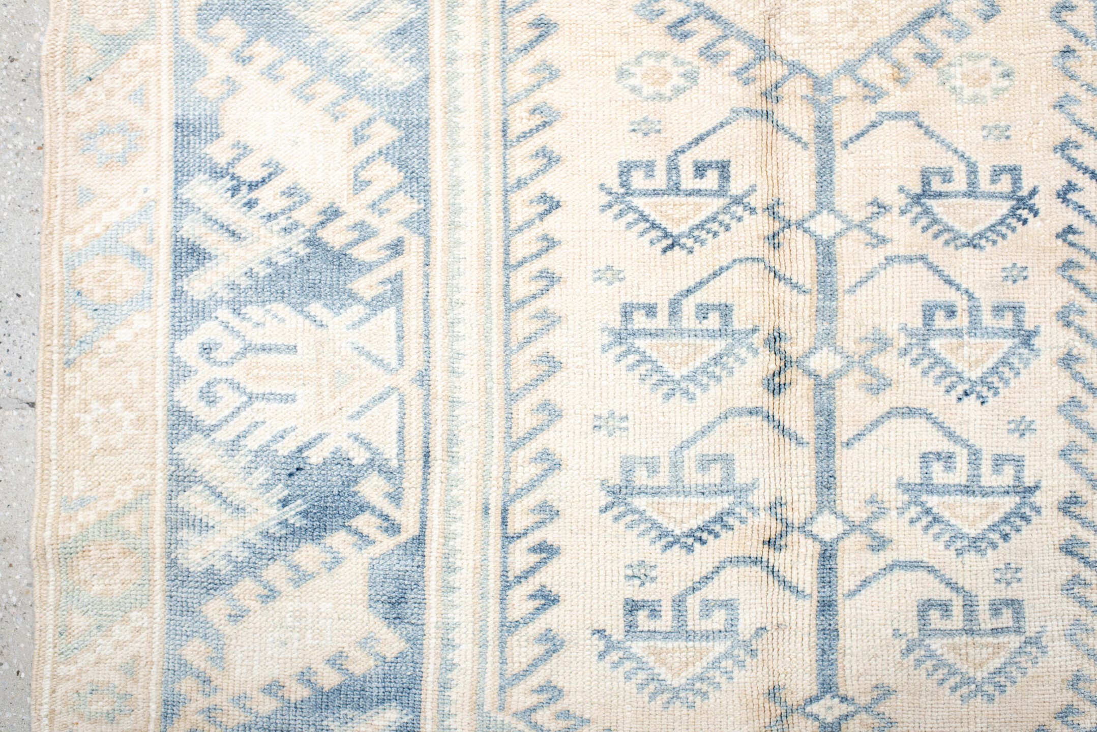 3' x 6' one-of-a-kind handmade antique Anatolian small size rug. Color palette: ivory, sky blue, beige, cream, pale blue