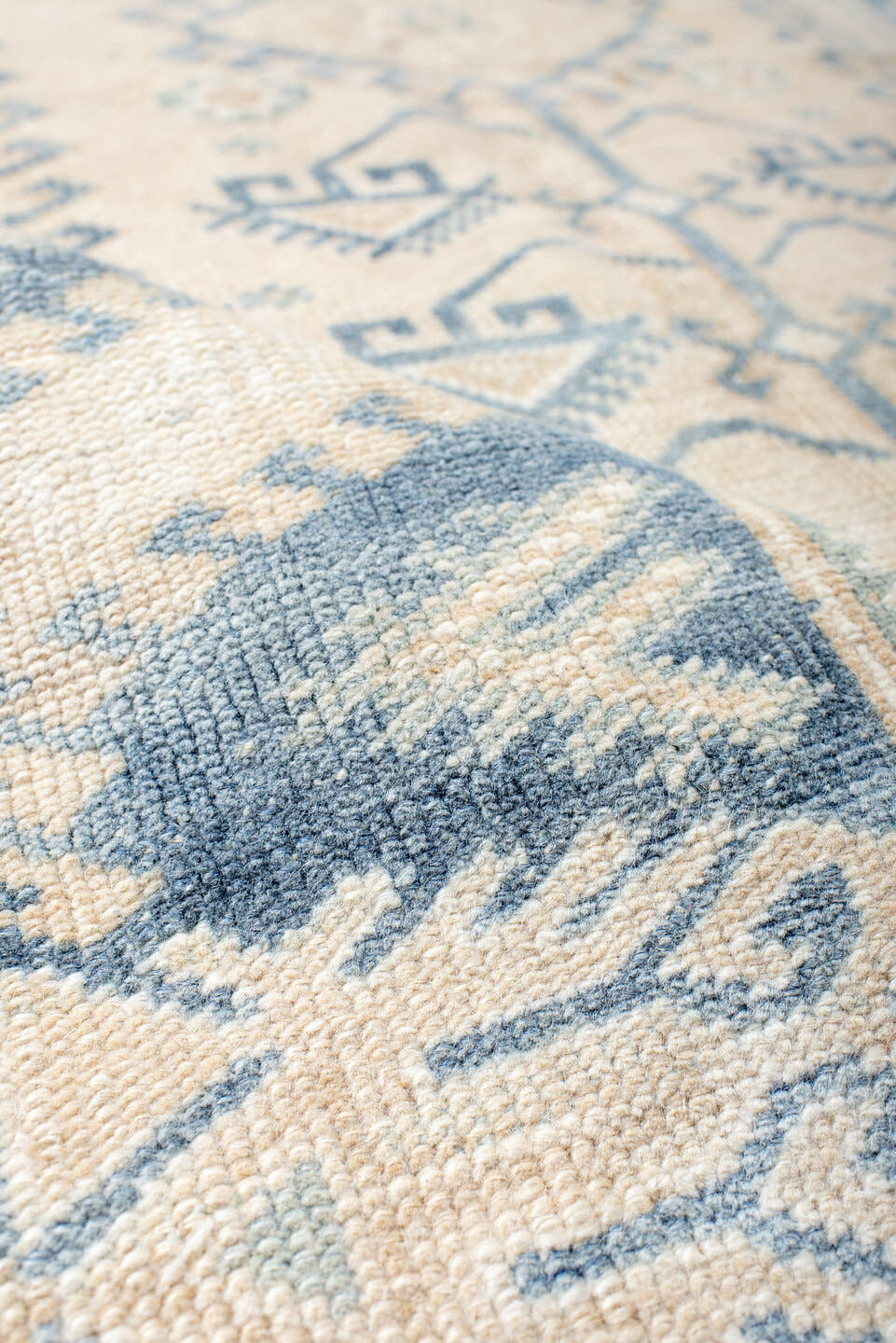 3' x 6' one-of-a-kind handmade antique Anatolian small size rug. Color palette: ivory, sky blue, beige, cream, pale blue