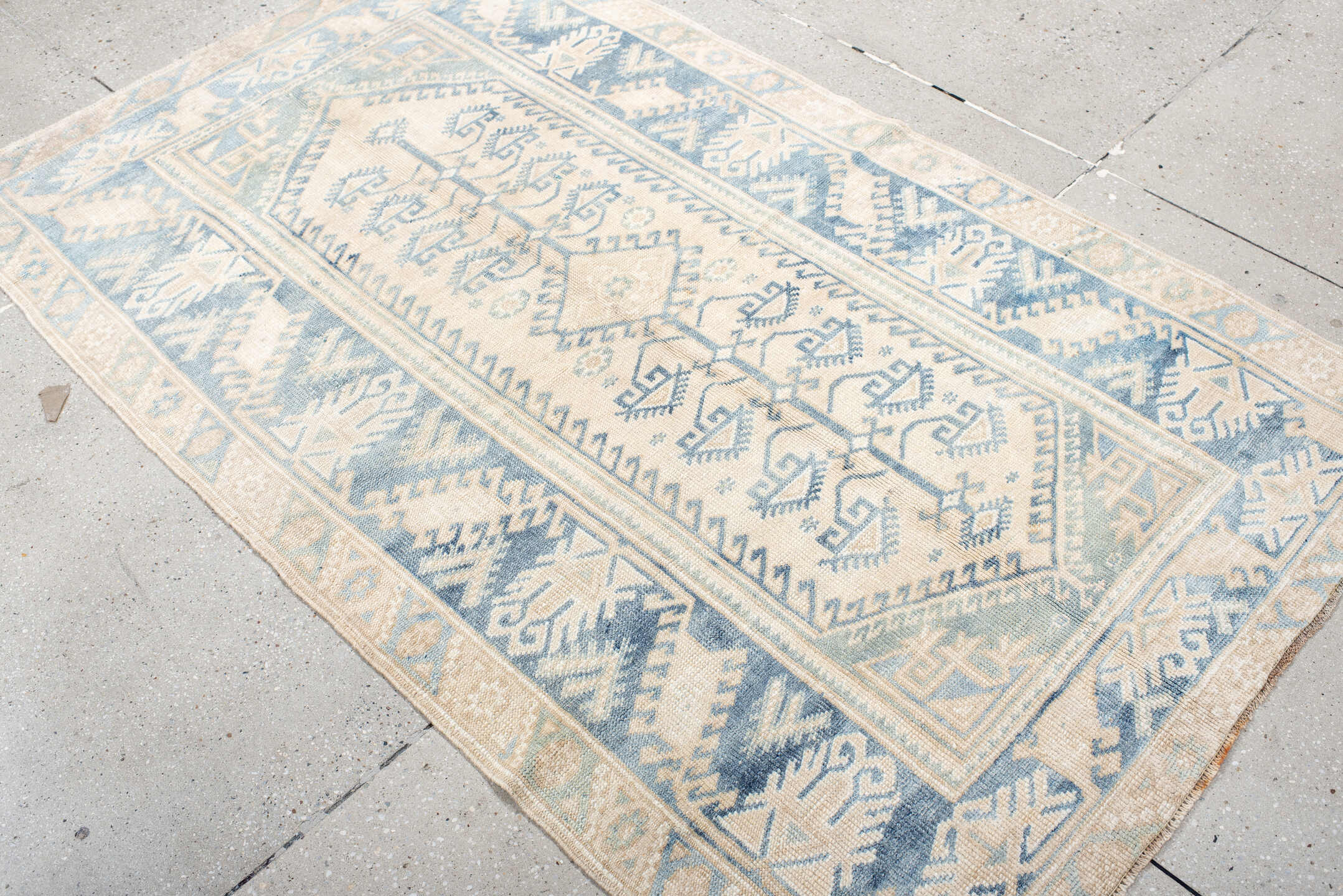 3' x 6' one-of-a-kind handmade antique Anatolian small size rug. Color palette: ivory, sky blue, beige, cream, pale blue