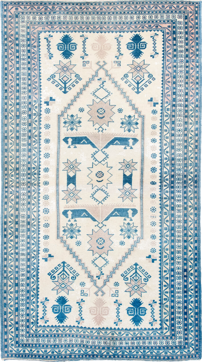 3' x 6' one-of-a-kind handmade vintage Anatolian small size rug. Color palette: beige, blue, floral white, gainsboro, gray