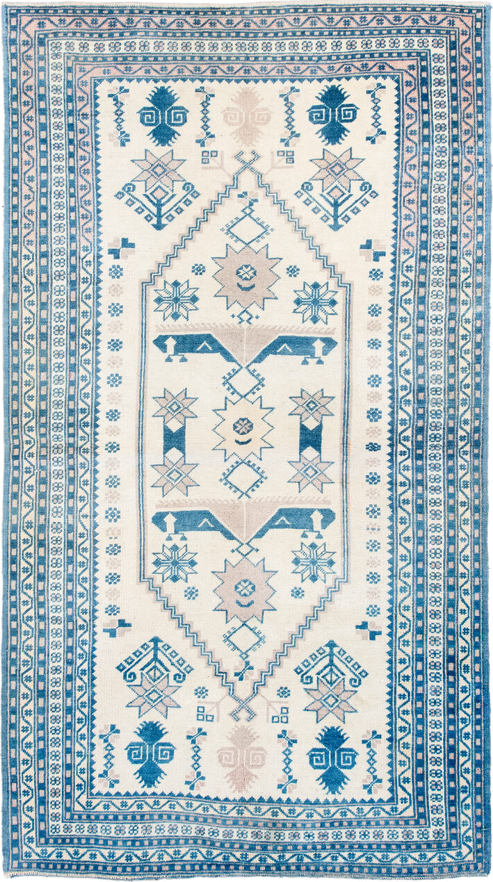 3' x 6' one-of-a-kind handmade antique Anatolian small size rug. Color palette: ivory, sky blue, azure, beige, light blue