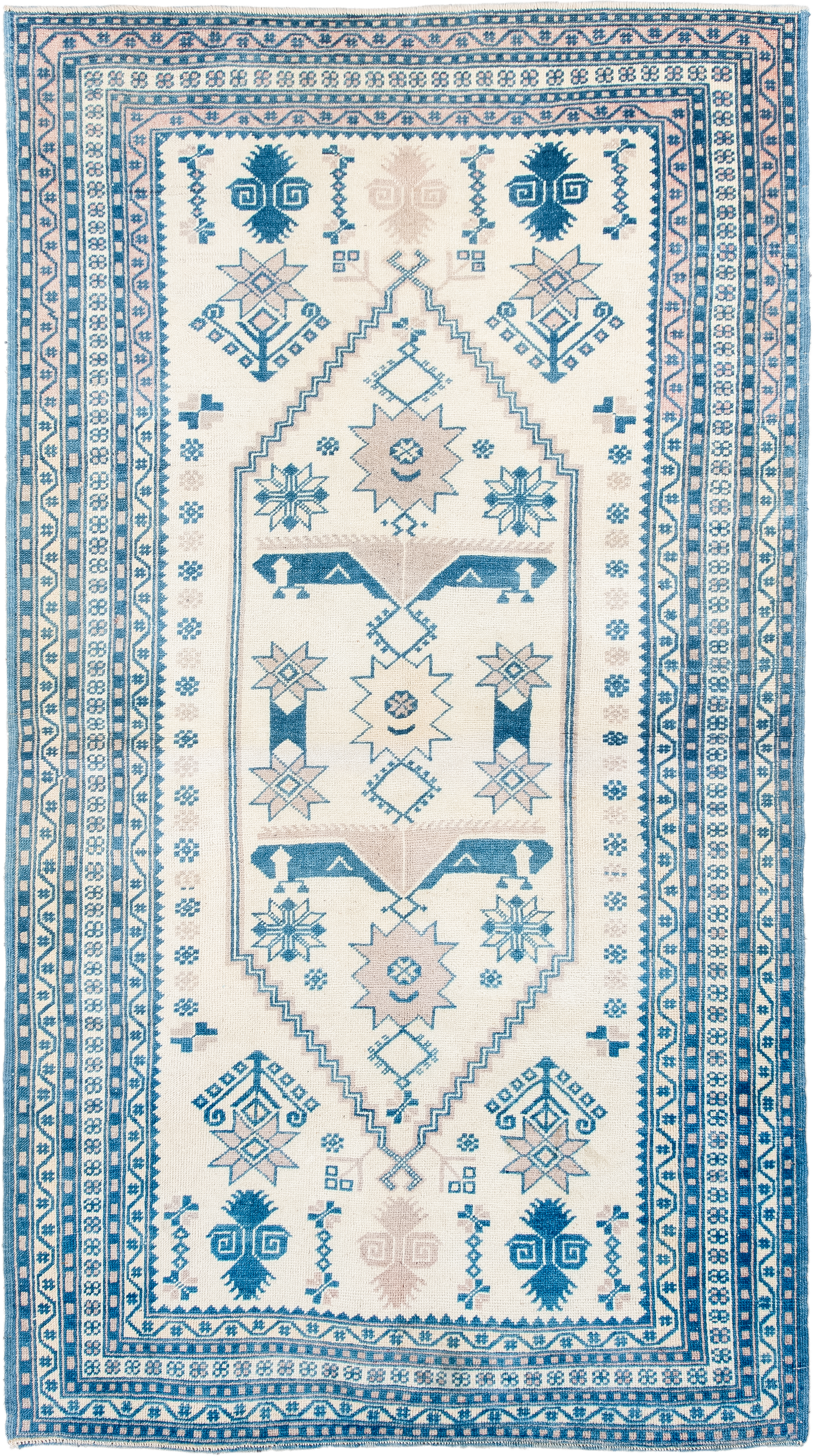 3' x 6' one-of-a-kind handmade antique Anatolian small size rug. Color palette: ivory, sky blue, azure, beige, light blue