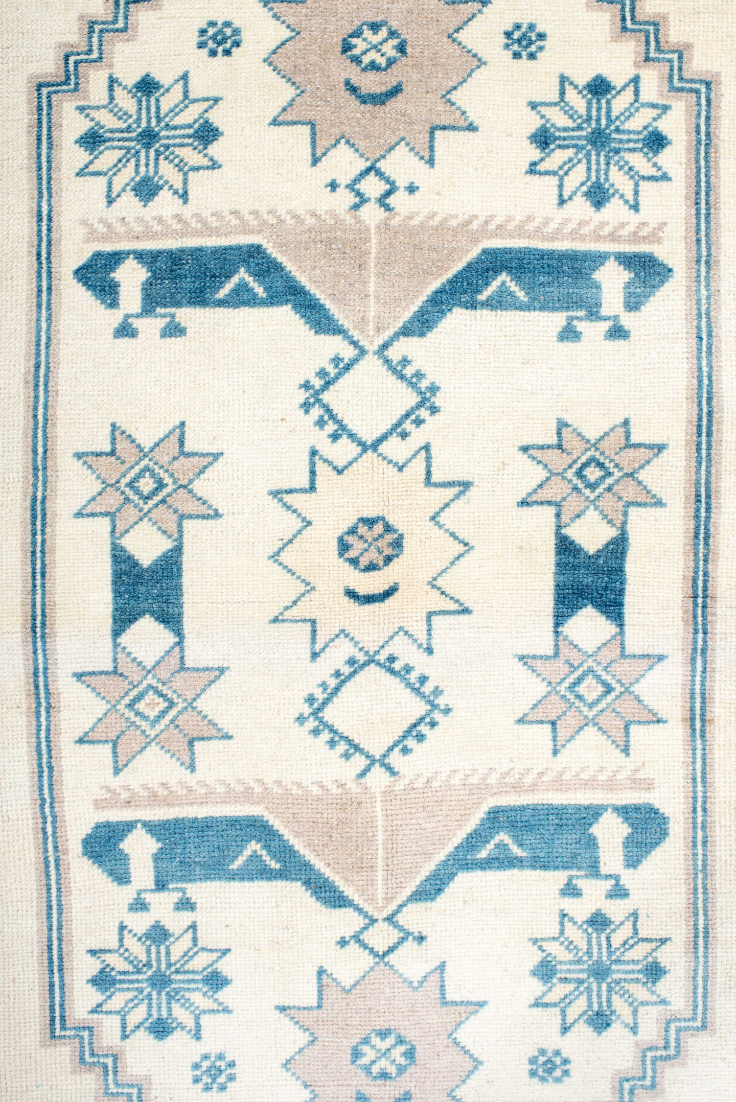 3' x 6' one-of-a-kind handmade antique Anatolian small size rug. Color palette: ivory, sky blue, azure, beige, light blue
